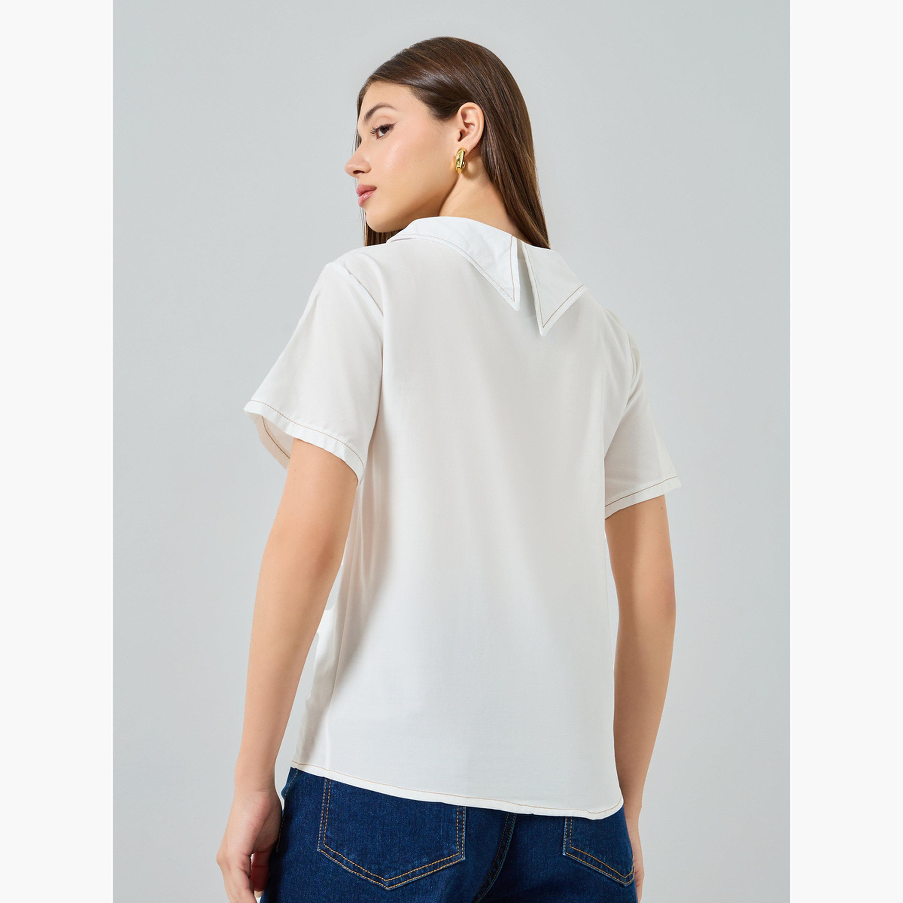 Styli White Short Sleeve Top with Button Detail-women-clothing-shirtsandblouses-blouses-image-5