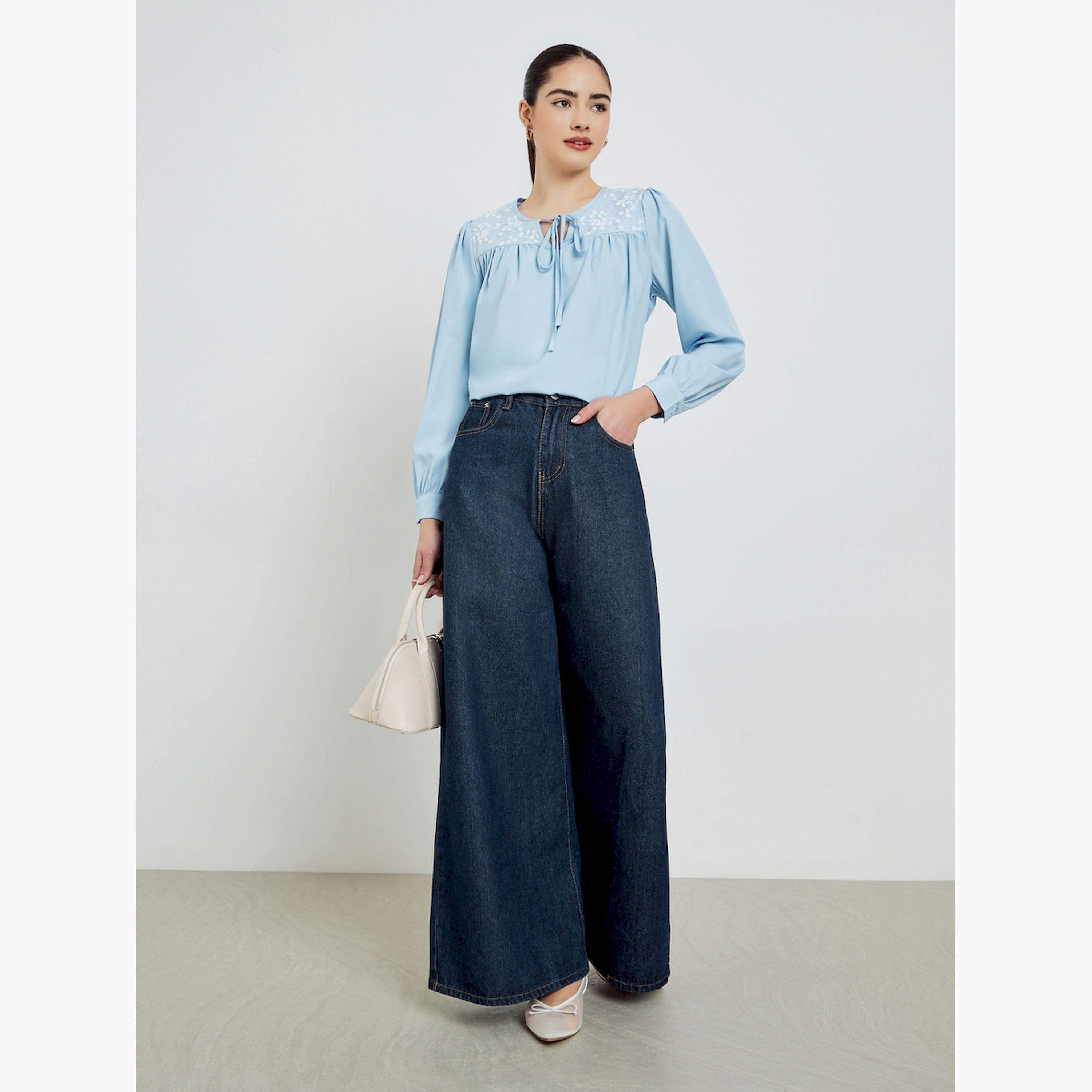 Styli Blue Embroidered Long Sleeve Blouse-women-clothing-shirtsandblouses-blouses-image-2