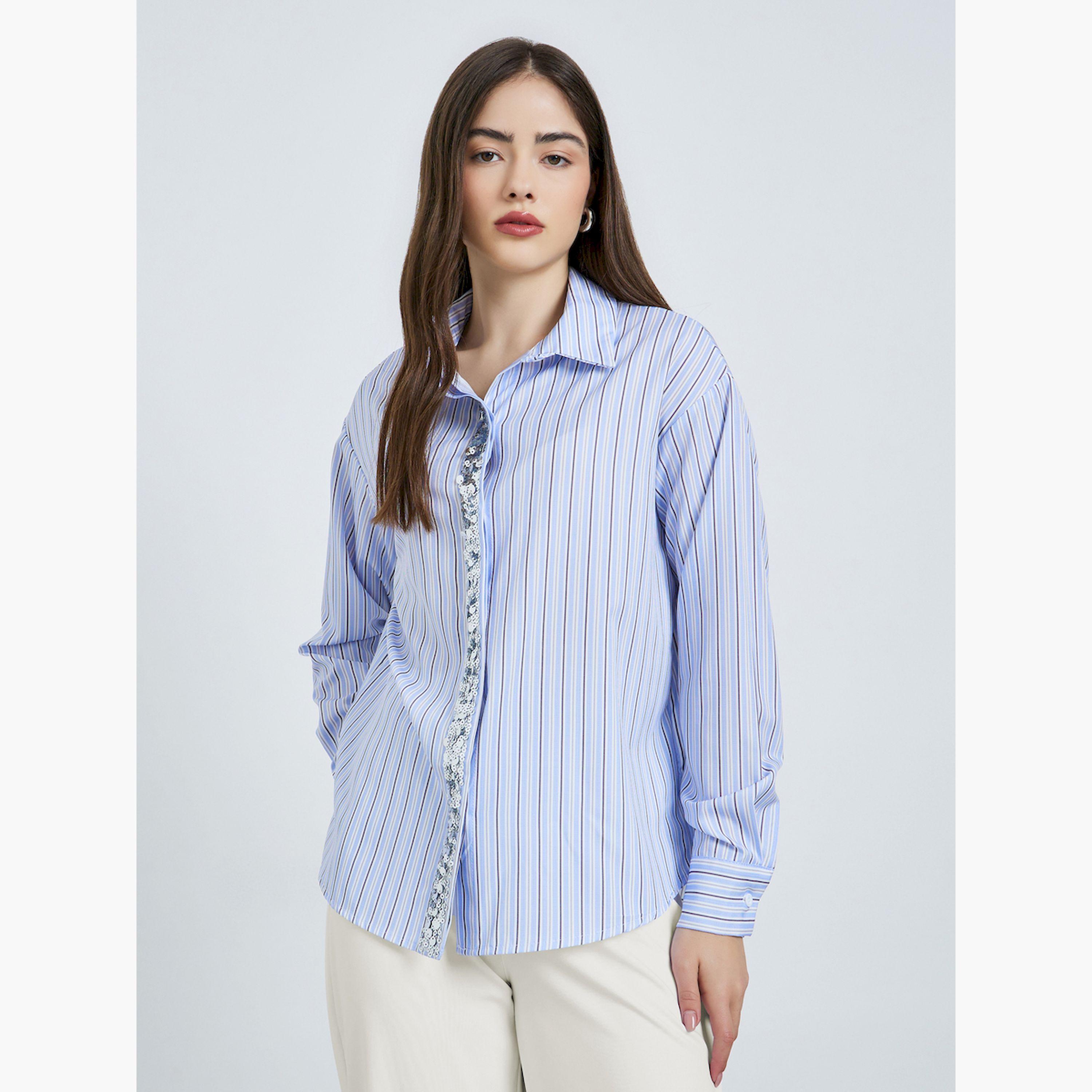 قميص مخطط بفتحة أزرار مزينة-women-clothing-shirtsandblouses-shirts-image-1