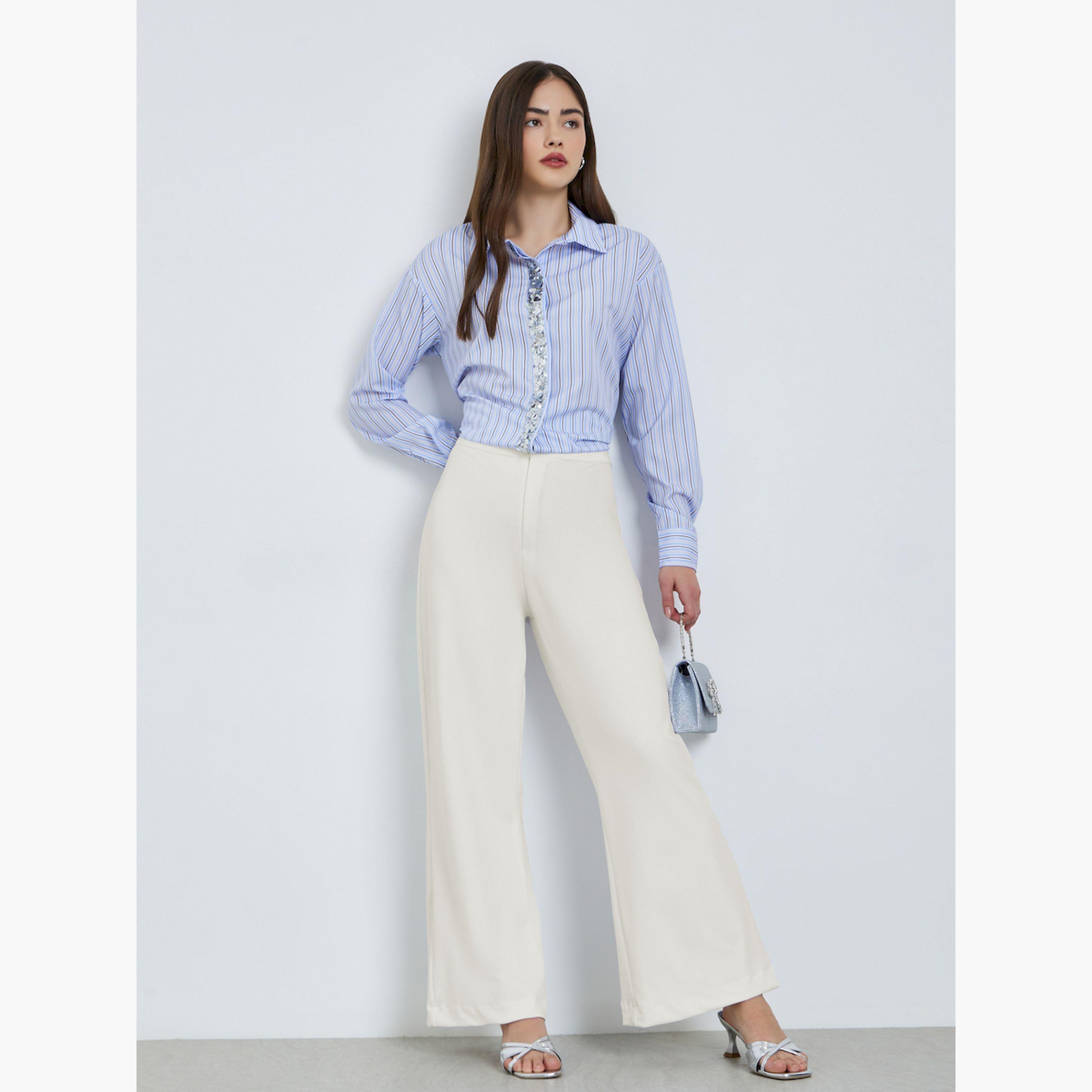 Styli Blue Striped Shirt with Embellished Placket-women-clothing-shirtsandblouses-shirts-image-2