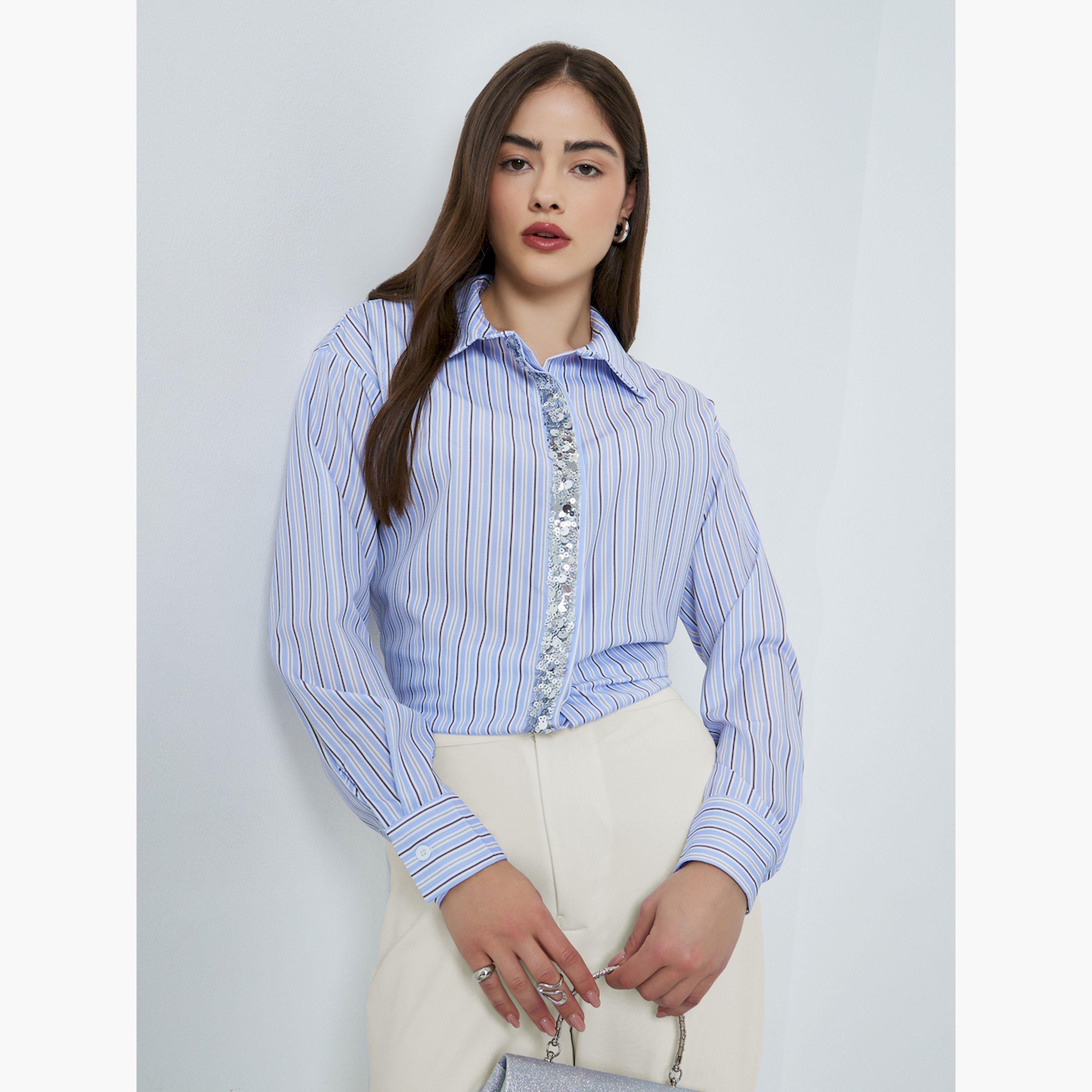 Styli Blue Striped Shirt with Embellished Placket-women-clothing-shirtsandblouses-shirts-image-3
