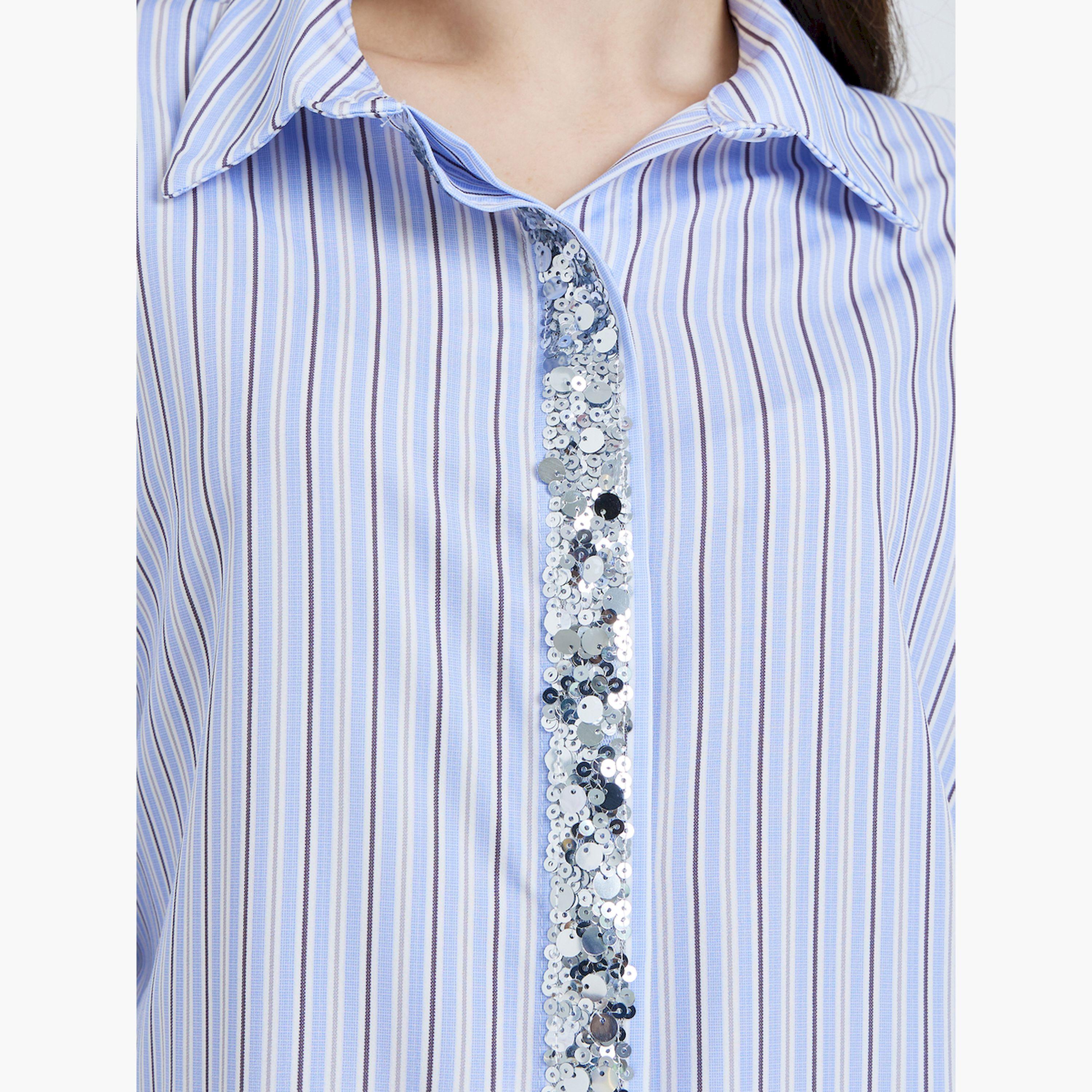 Styli Blue Striped Shirt with Embellished Placket-women-clothing-shirtsandblouses-shirts-image-5