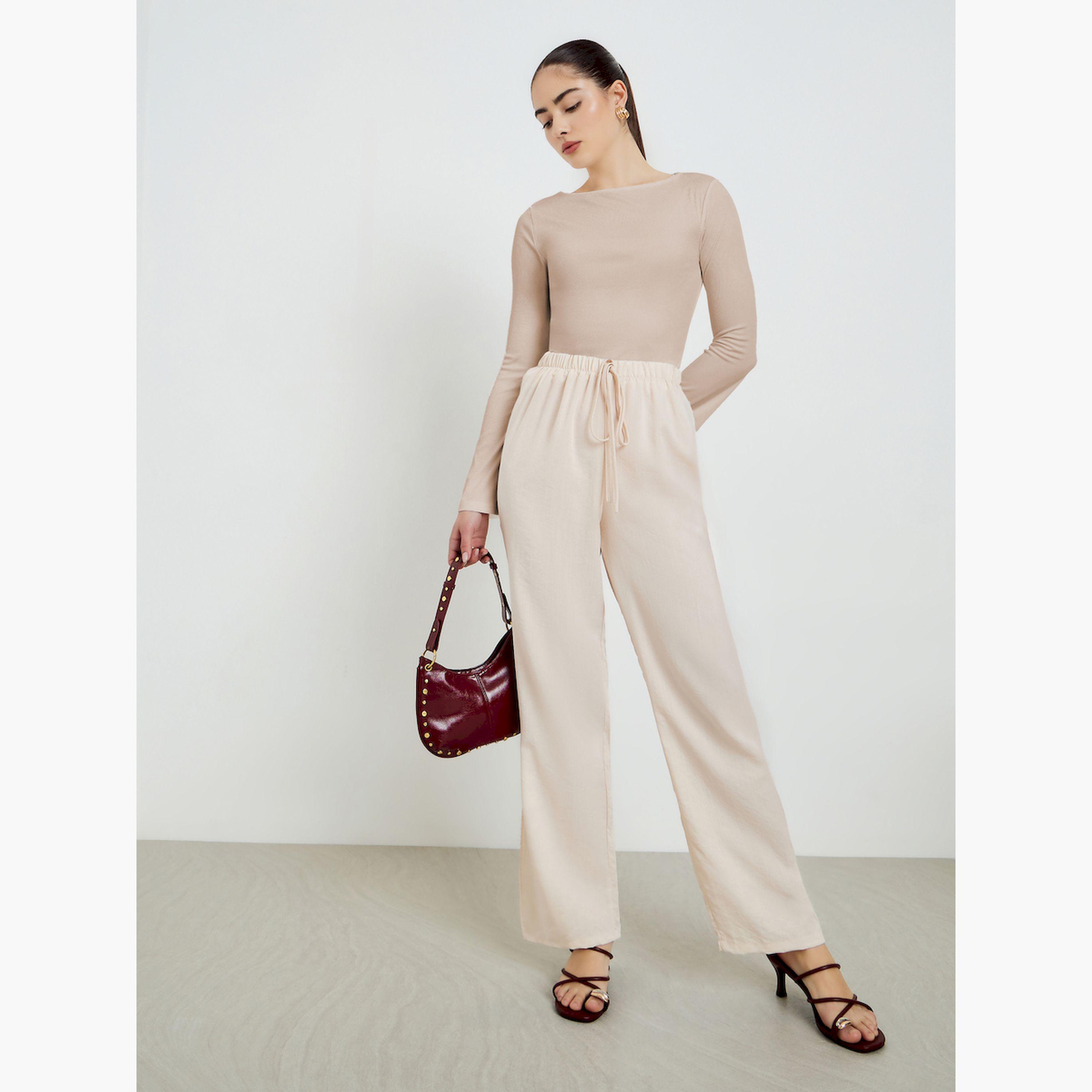 Styli Beige Waist Drawstring Wide Leg Pants-women-clothing-bottoms-joggers-image-2
