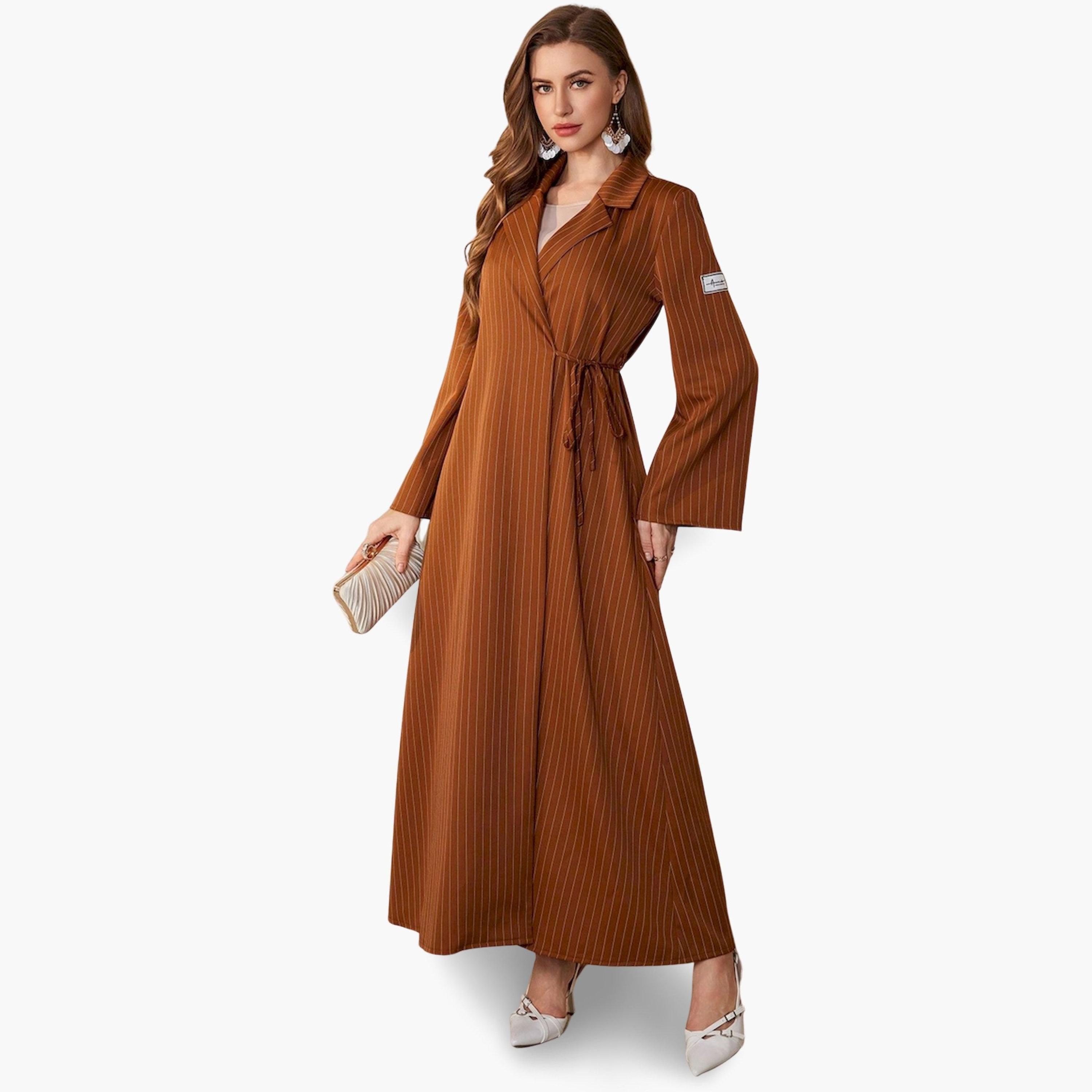Take Two X Styli Coffee Brown Striped Wrap Maxi Dress-women-clothing-dresses-image-1
