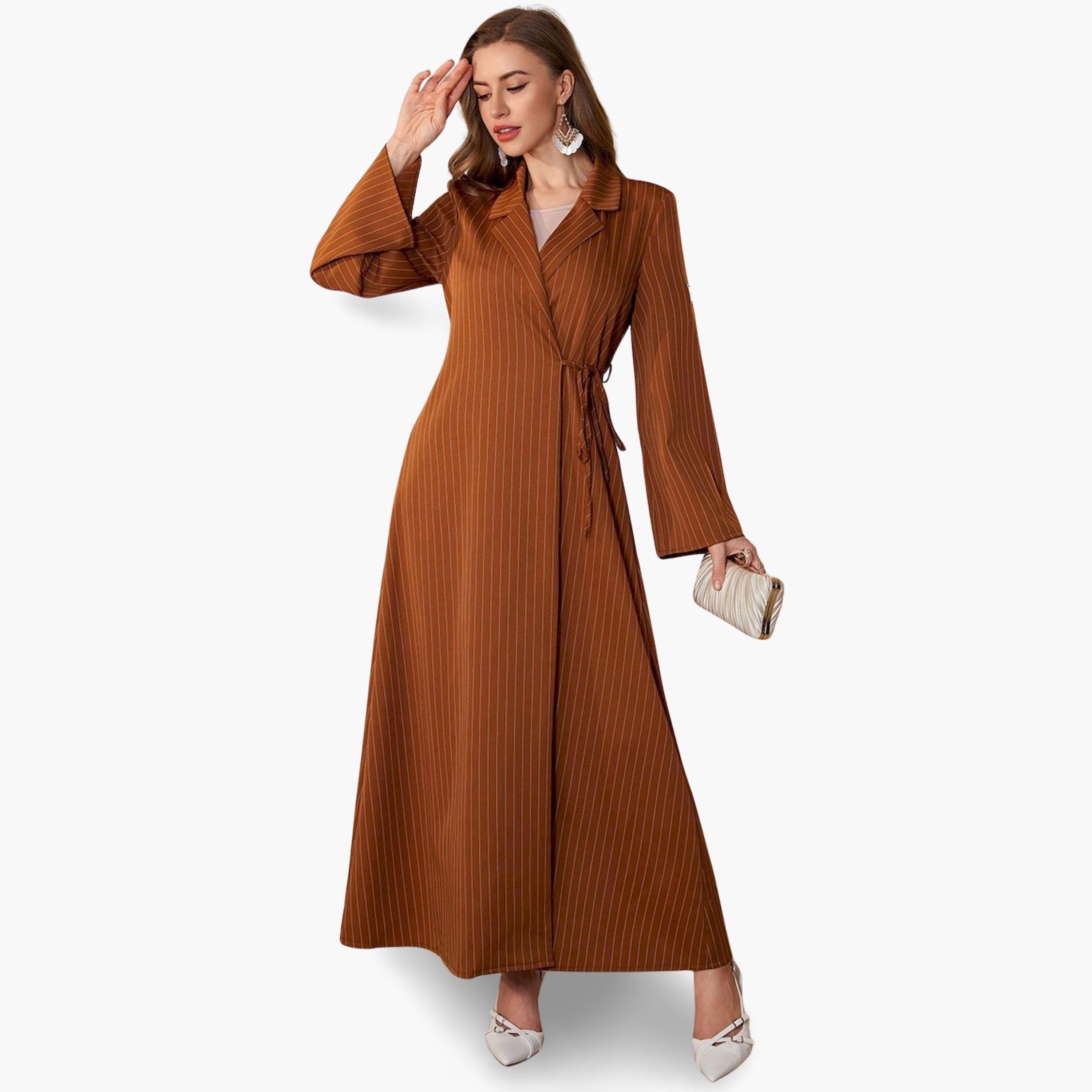 Take Two X Styli Coffee Brown Striped Wrap Maxi Dress-women-clothing-dresses-image-2