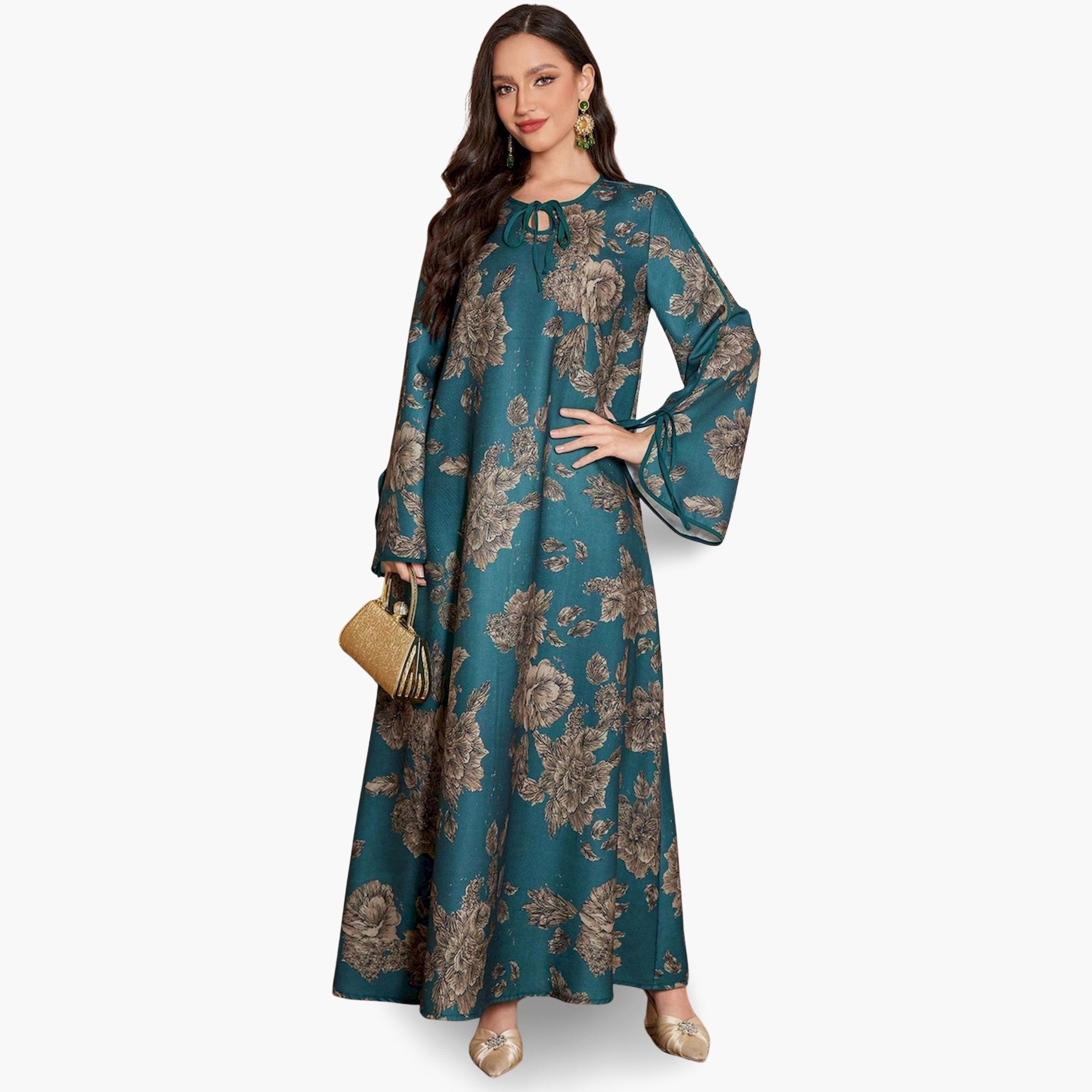 جلابية منقوشة بالزهور برباط عنق وقصة بحافة واسعة-women-arabicclothing-jalabiyas-image-1
