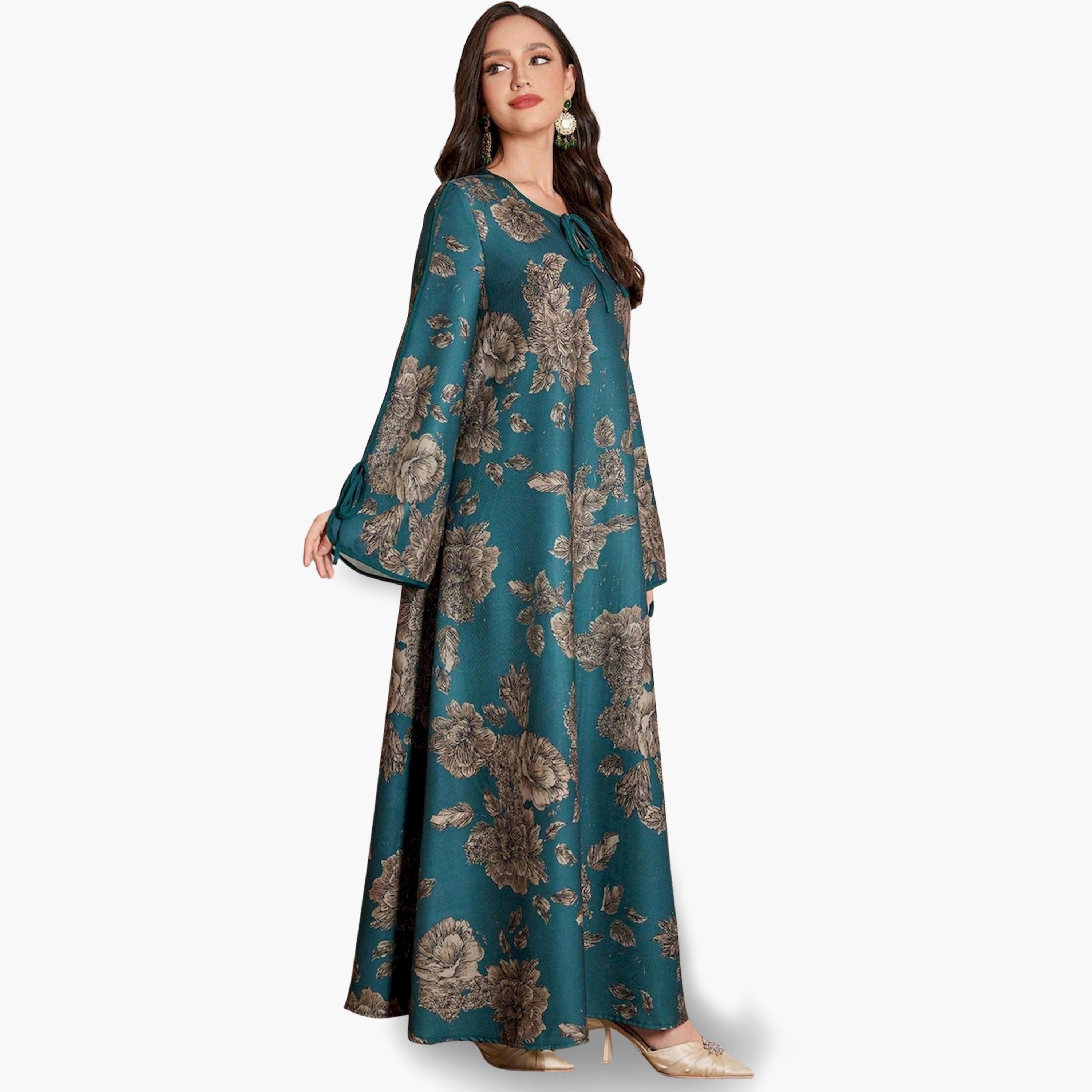 جلابية منقوشة بالزهور برباط عنق وقصة بحافة واسعة-women-arabicclothing-jalabiyas-image-2