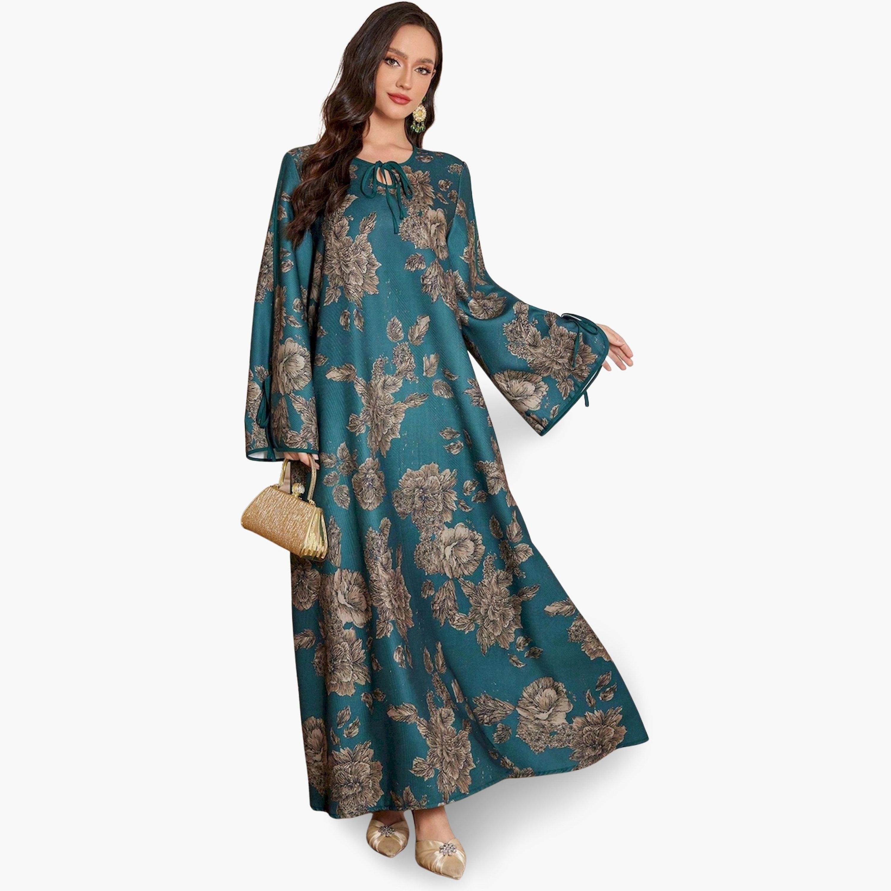 Take Two Dark Green Floral Print Tie-Up Neck A-Line Jalabiya-women-arabicclothing-jalabiyas-image-4