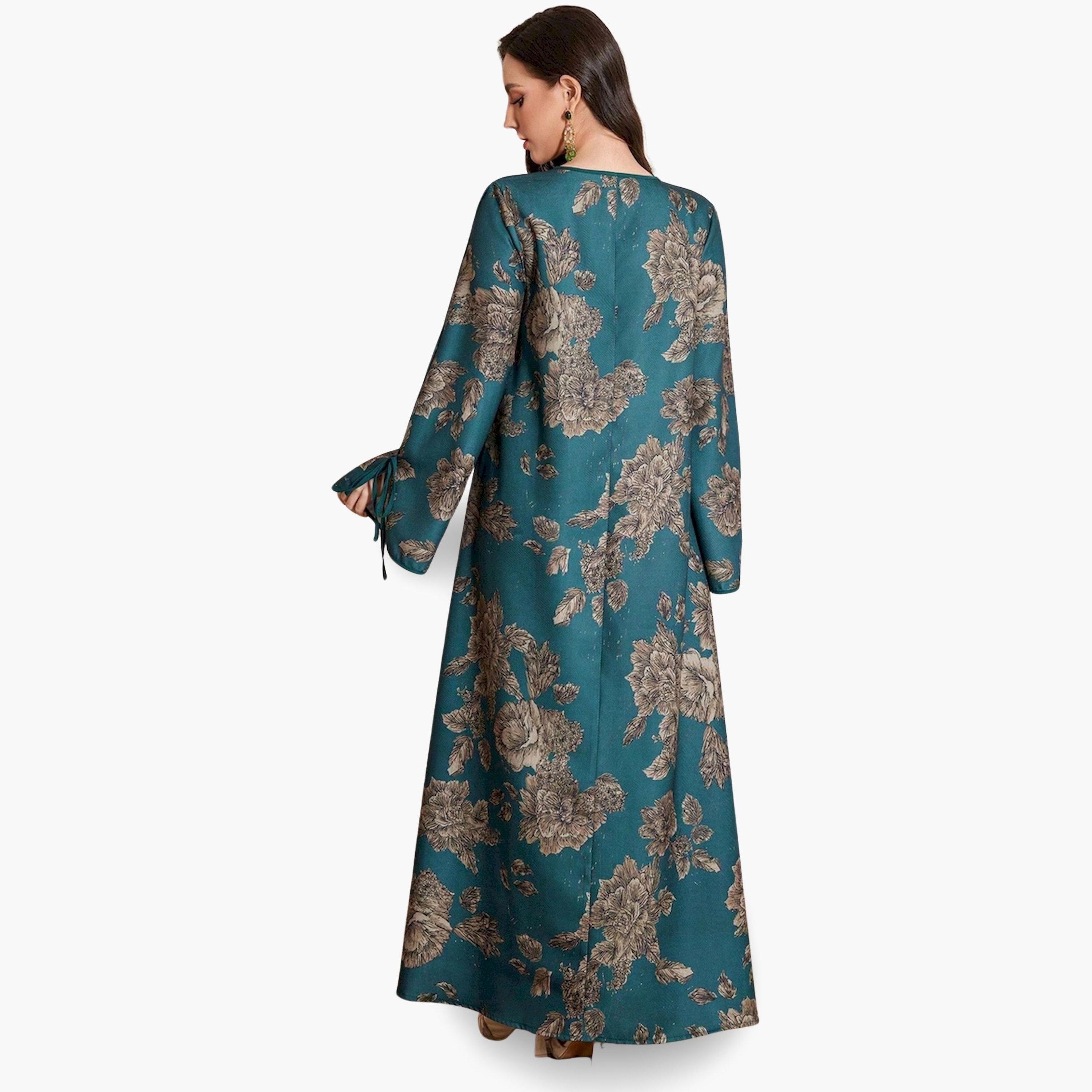 Take Two Dark Green Floral Print Tie-Up Neck A-Line Jalabiya-women-arabicclothing-jalabiyas-image-5