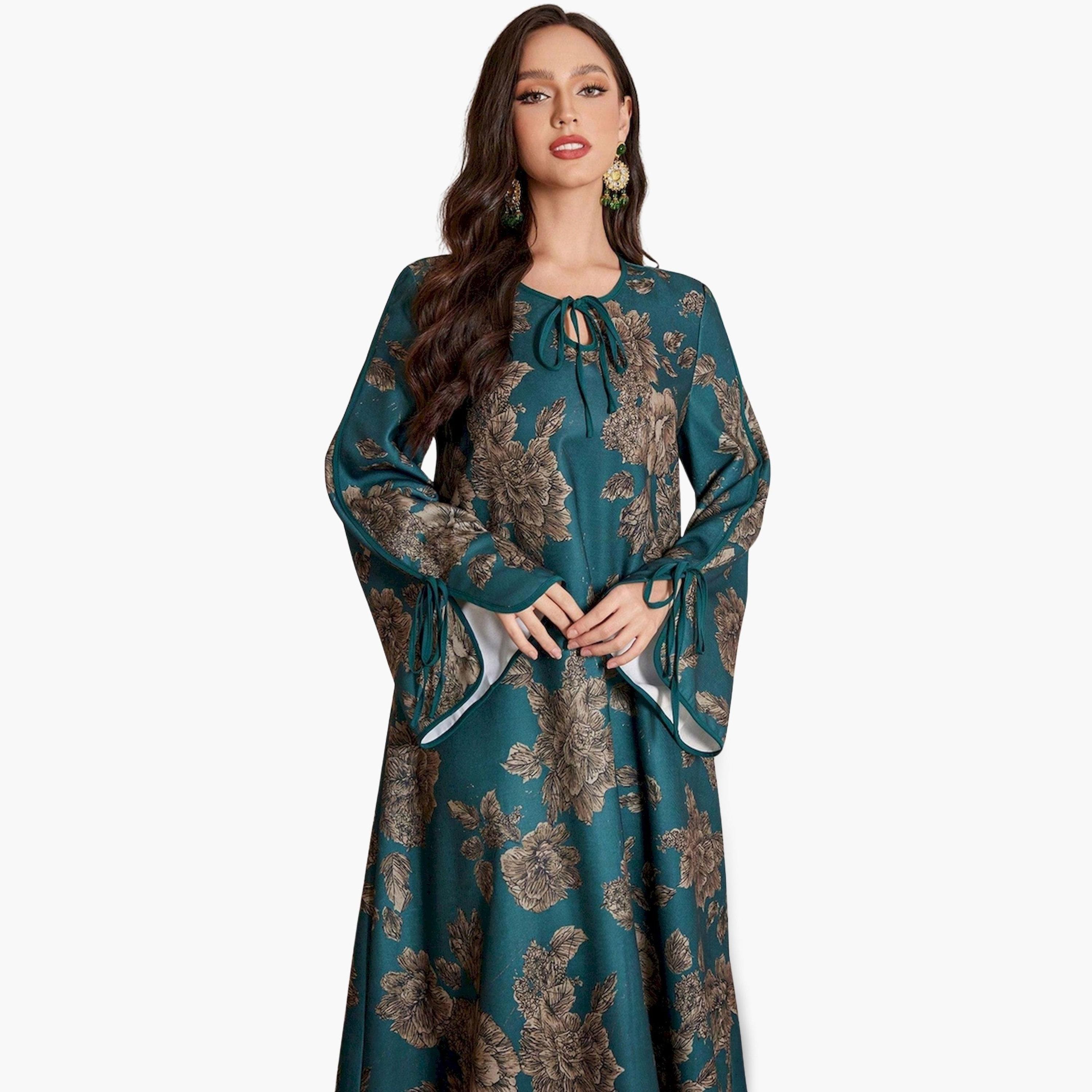 Take Two Dark Green Floral Print Tie-Up Neck A-Line Jalabiya-women-arabicclothing-jalabiyas-image-6