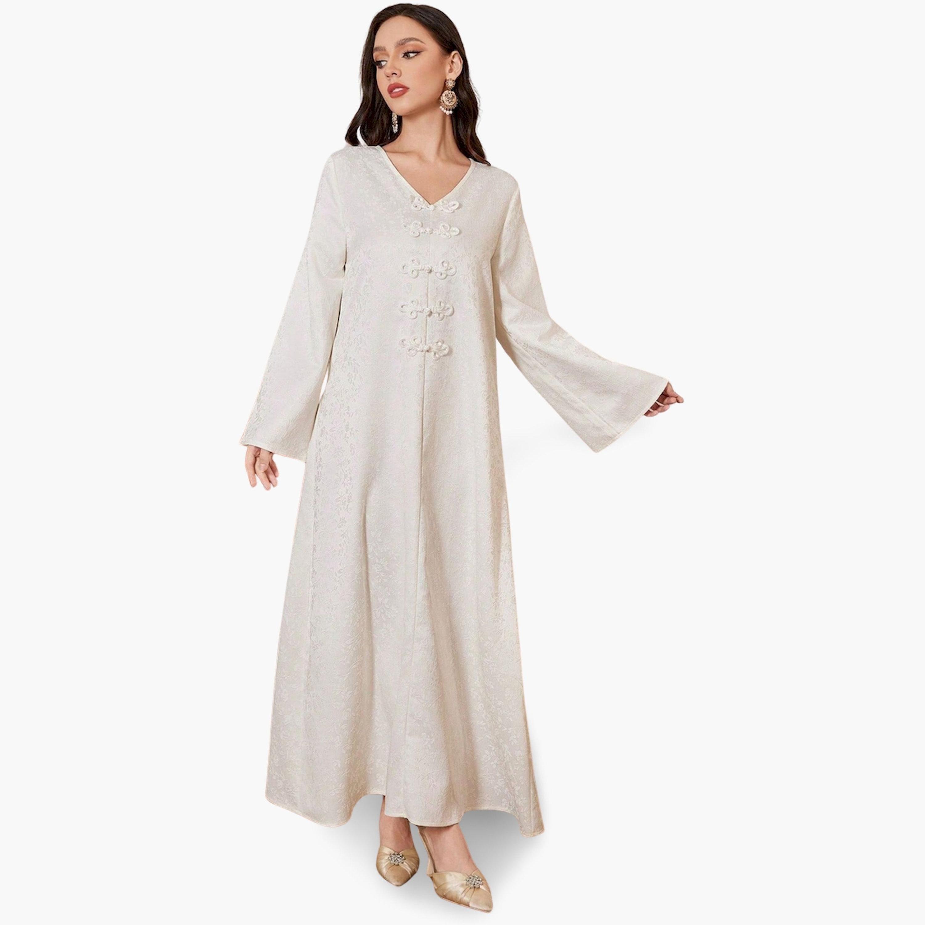 جلابية بيج بارزة الملمس بأزرار وبحافة واسعة-women-arabicclothing-jalabiyas-image-2