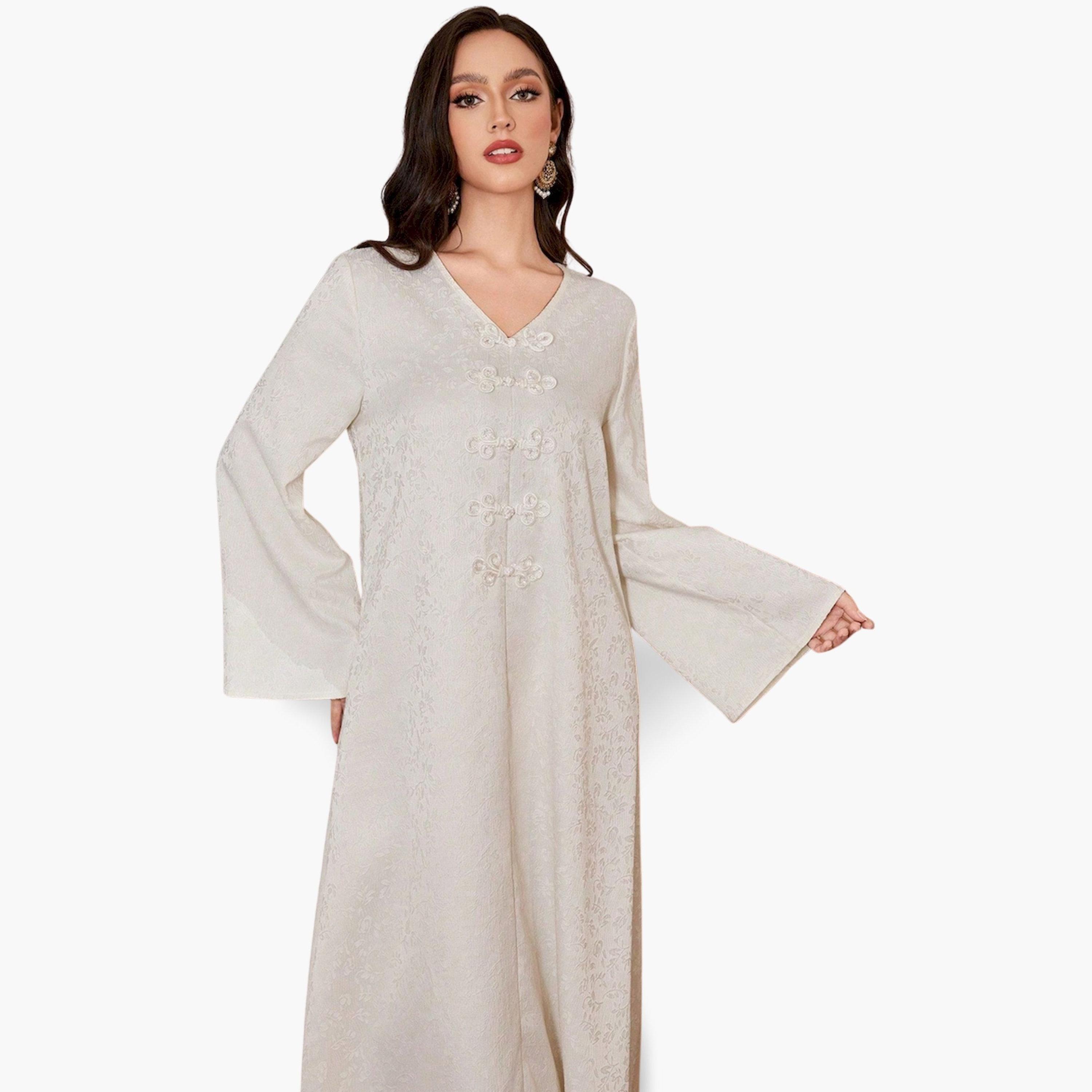 Take Two Beige Texture Buttoned A-Line Jalabiya-women-arabicclothing-jalabiyas-image-3