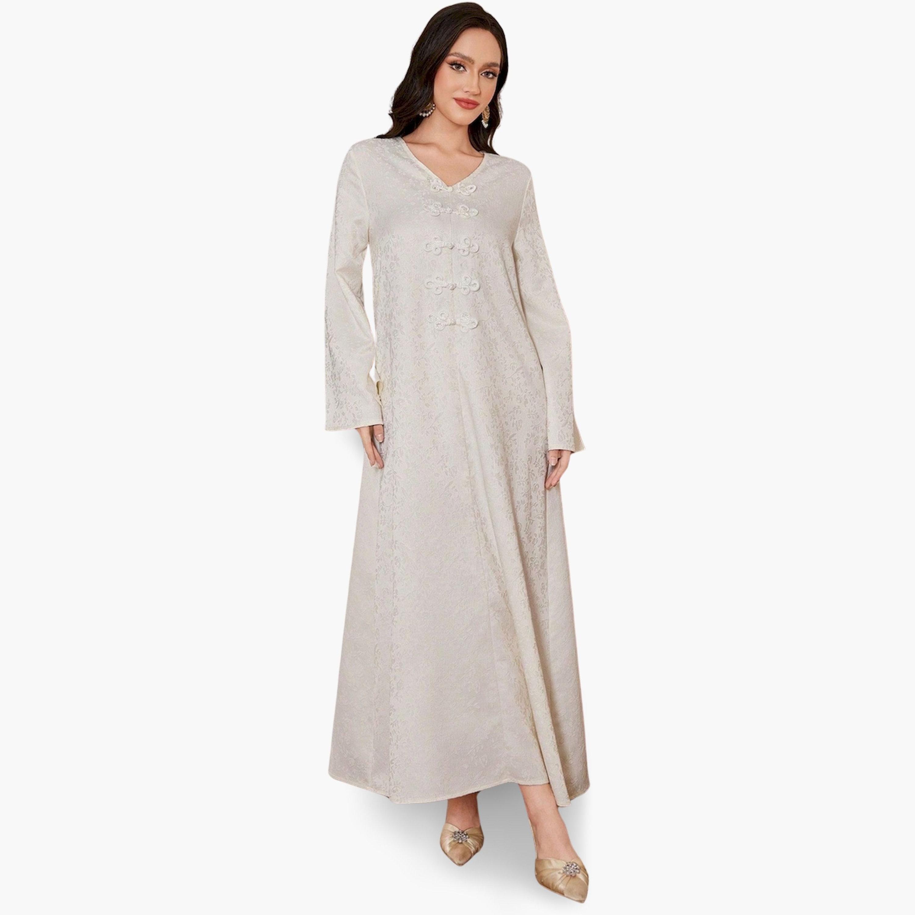 Take Two Beige Texture Buttoned A-Line Jalabiya-women-arabicclothing-jalabiyas-image-4