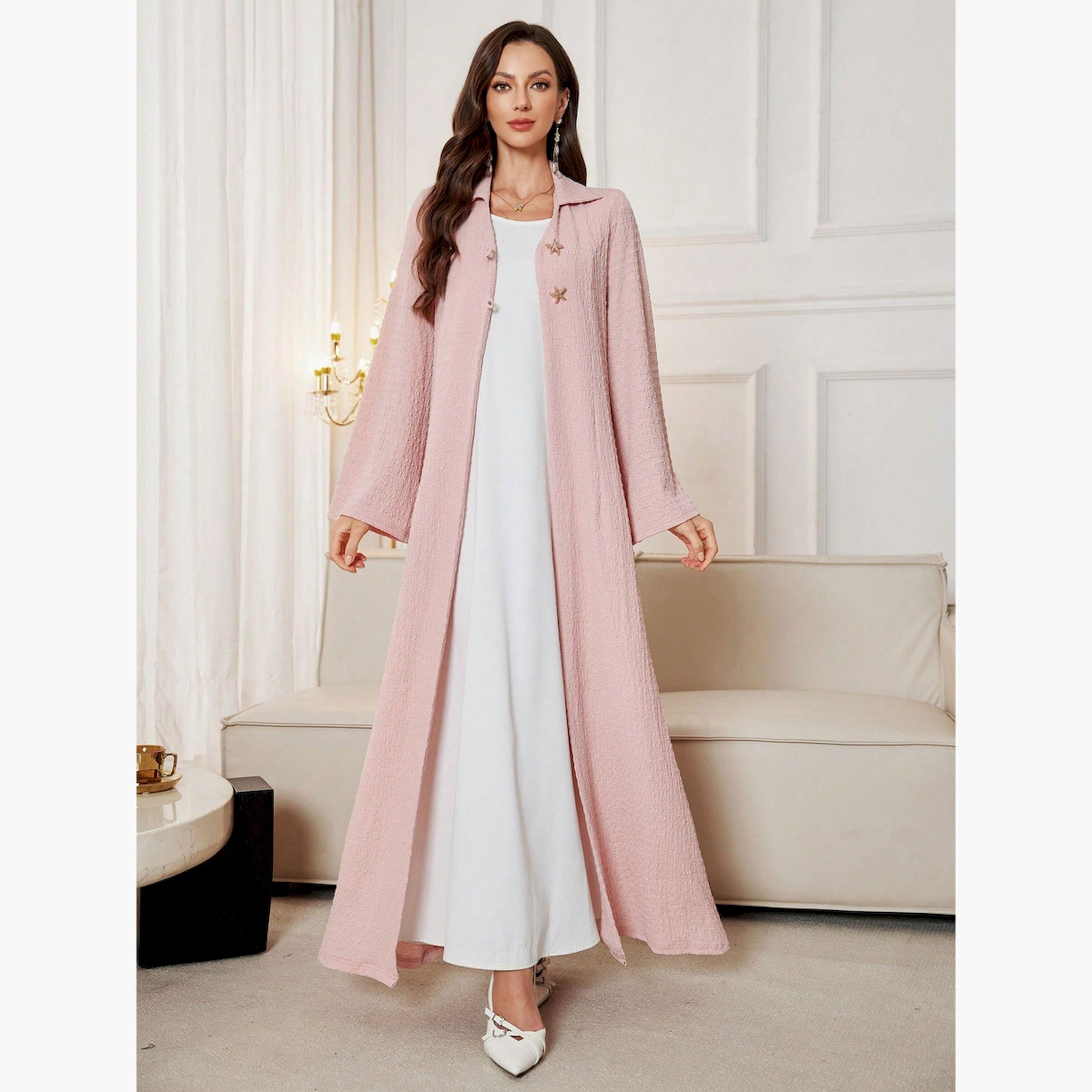 Take Two Light Pink Texture Button Detail Abaya-women-arabicclothing-abayas-image-1