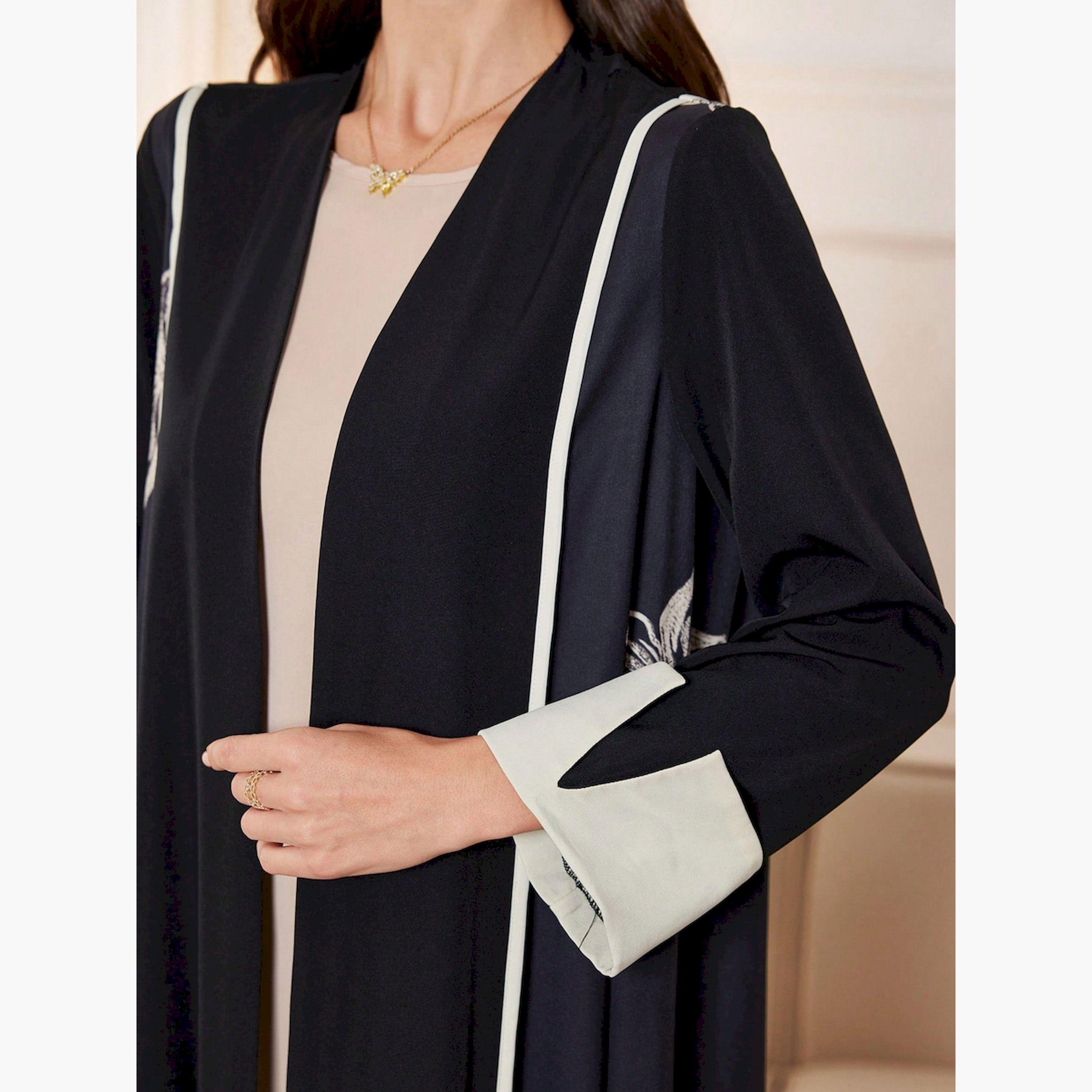 Take Two Black Floral Print Open Front Abaya-women-arabicclothing-abayas-image-2