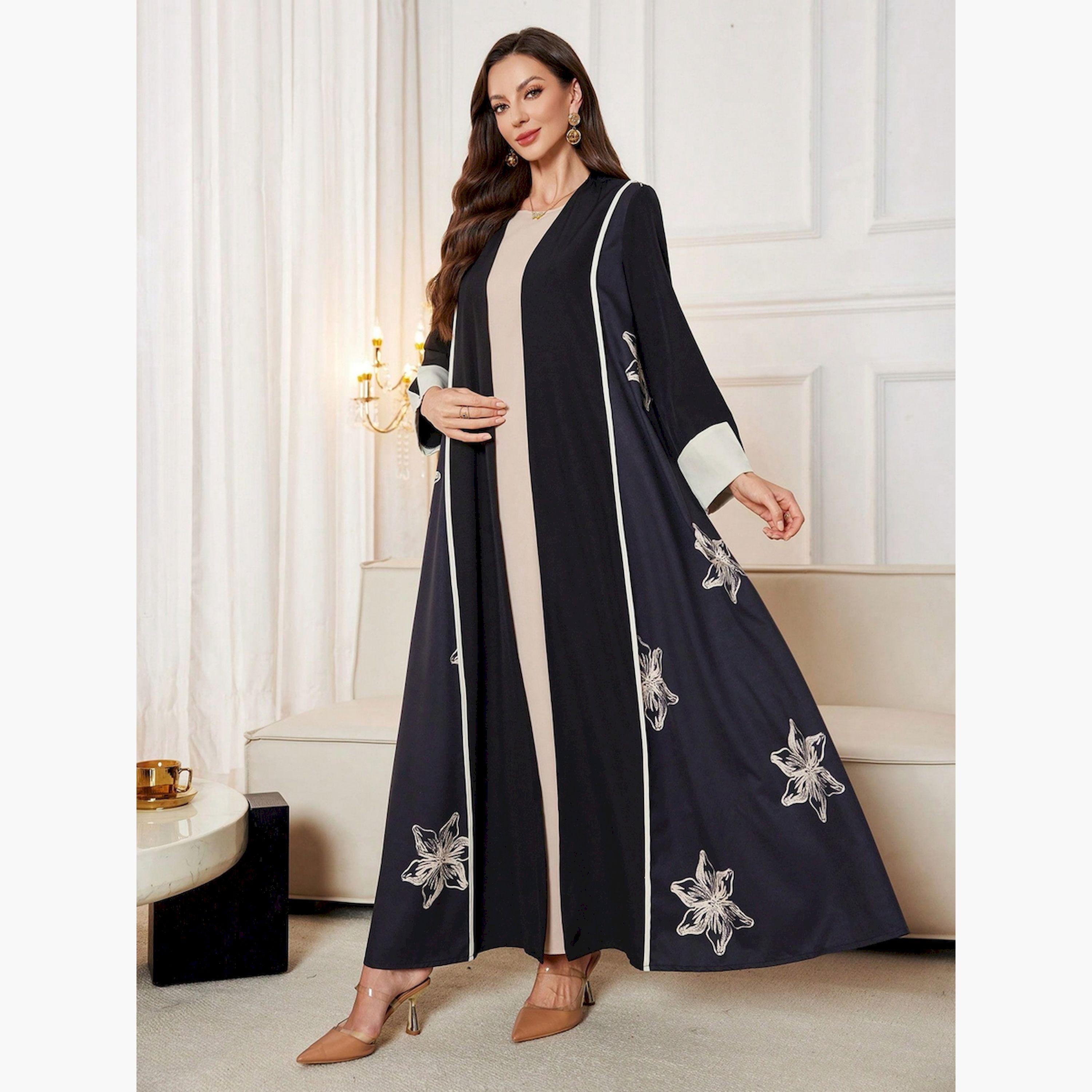 Take Two Black Floral Print Open Front Abaya-women-arabicclothing-abayas-image-4