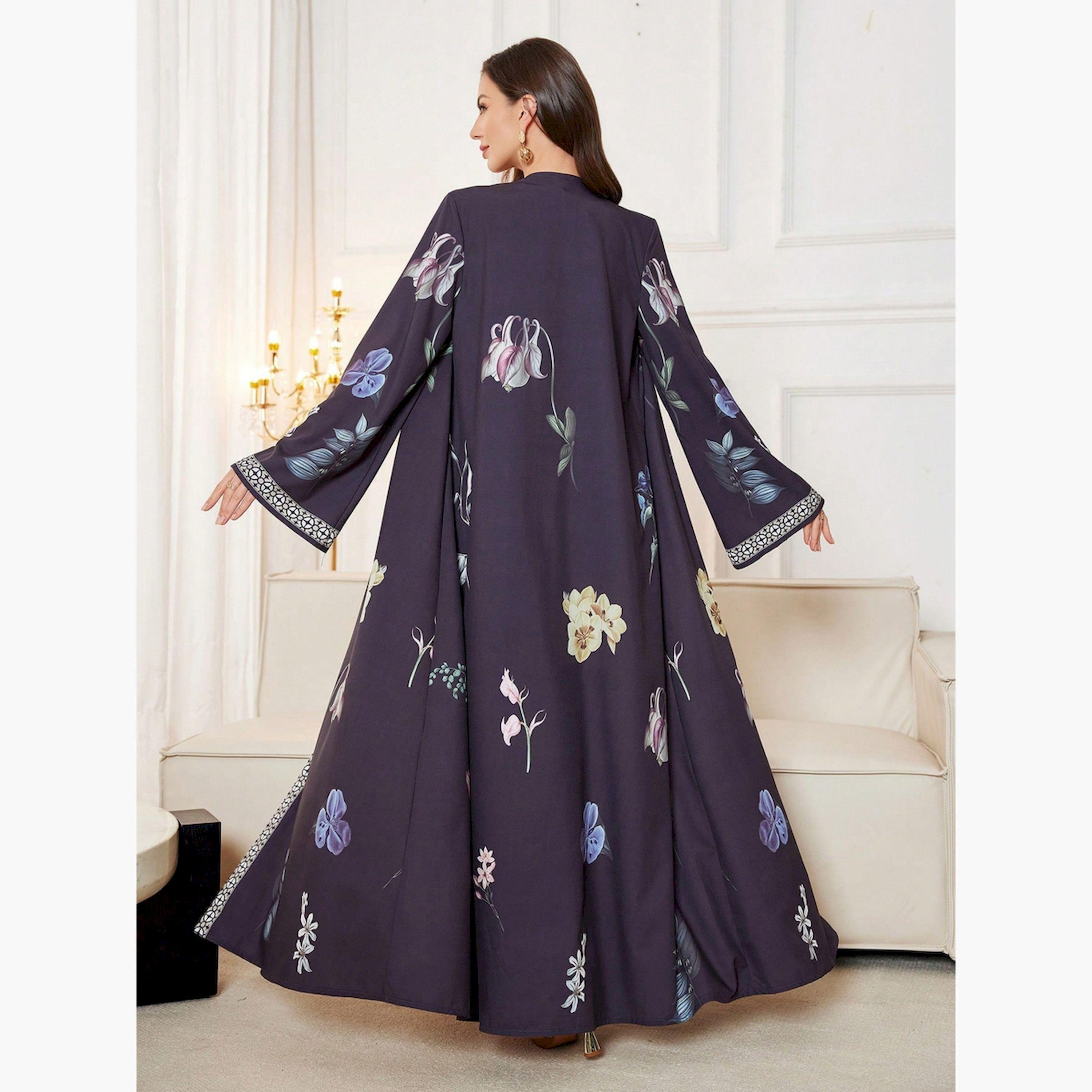 Take Two Black Floral Print Contrast Trim Open Front Abaya-women-arabicclothing-abayas-image-4