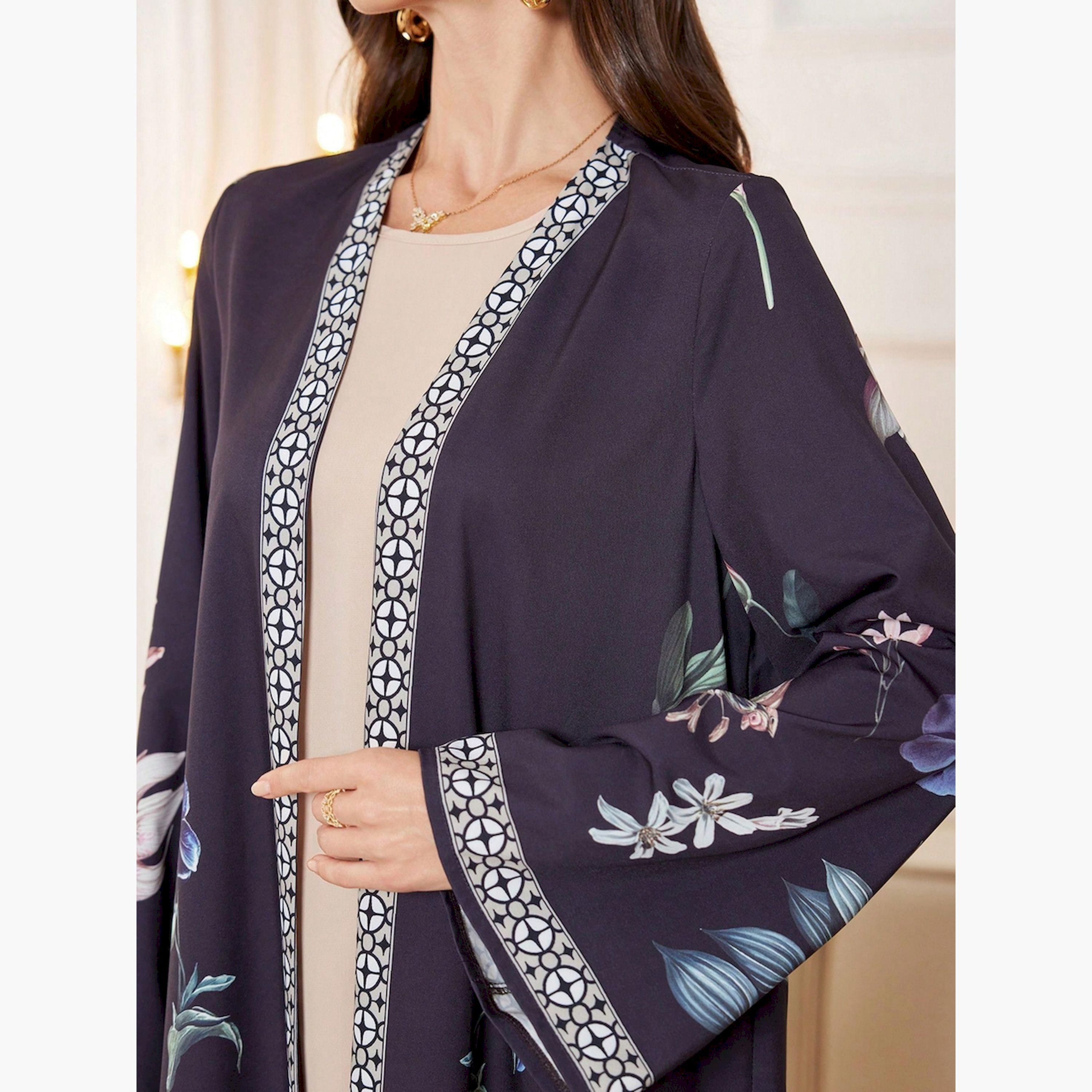 Take Two Black Floral Print Contrast Trim Open Front Abaya-women-arabicclothing-abayas-image-5