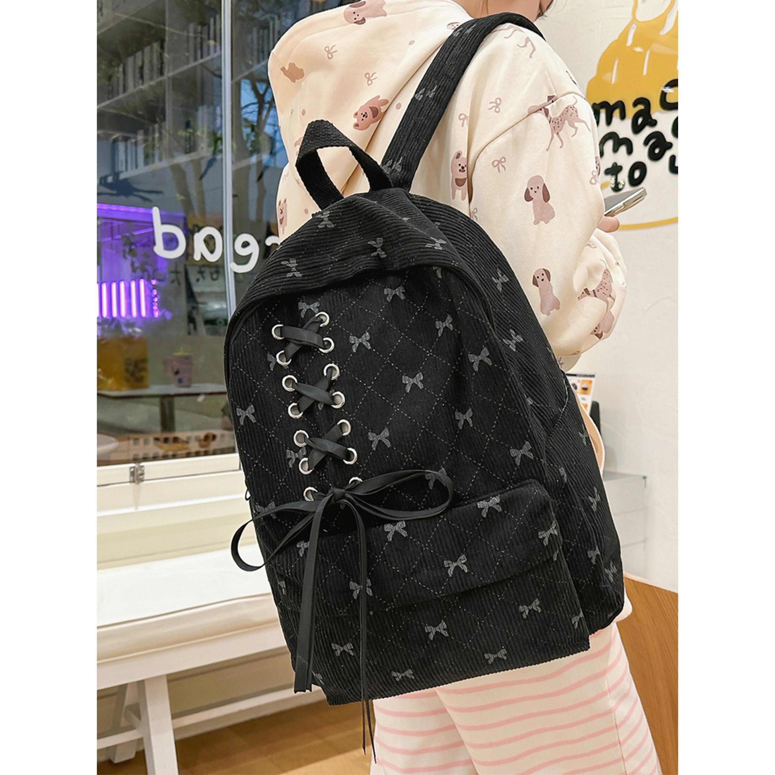 Take Two Black Corduroy Bow Detail Backpack-women-bagsandwallets-backpacks-image-2