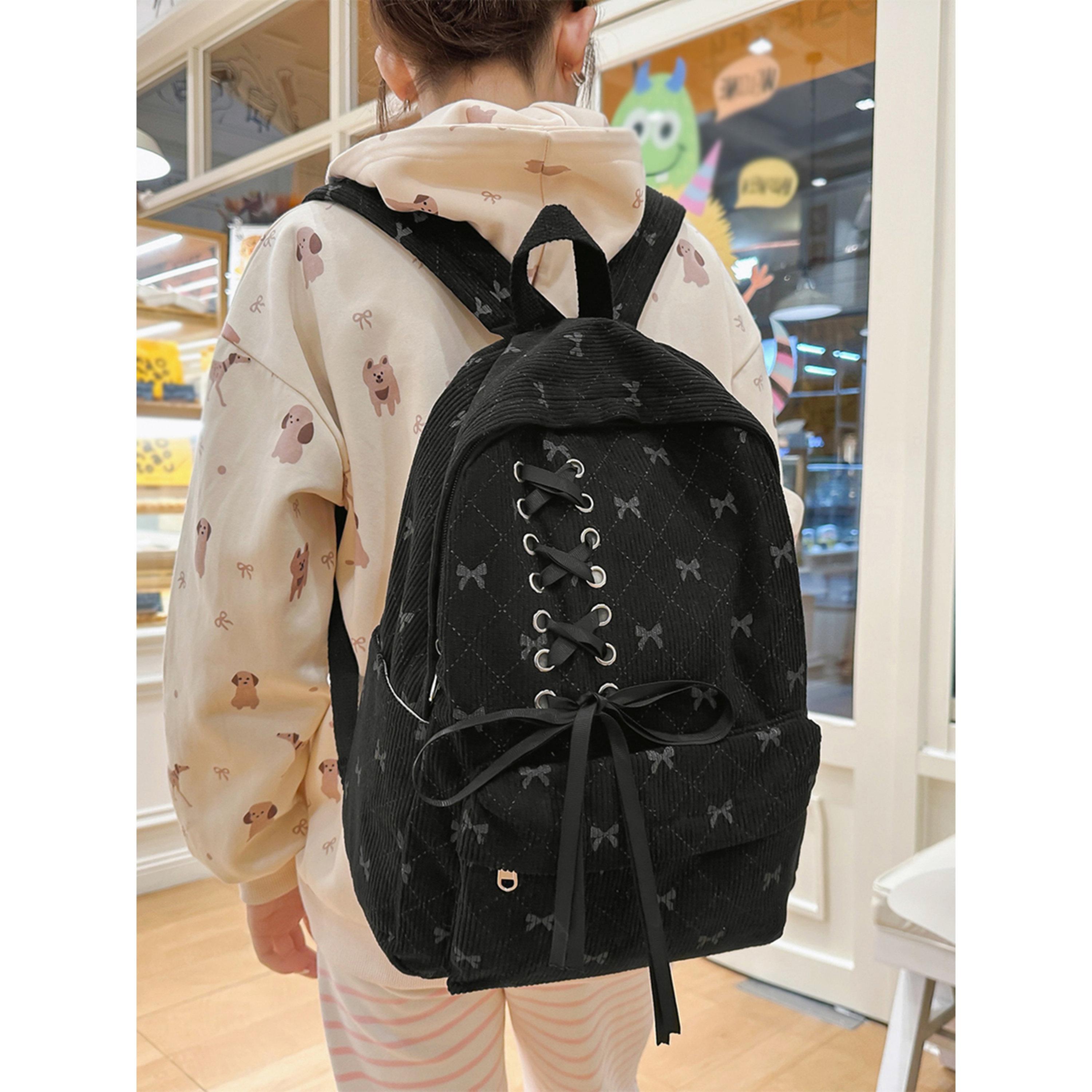 Take Two Black Corduroy Bow Detail Backpack-women-bagsandwallets-backpacks-image-3