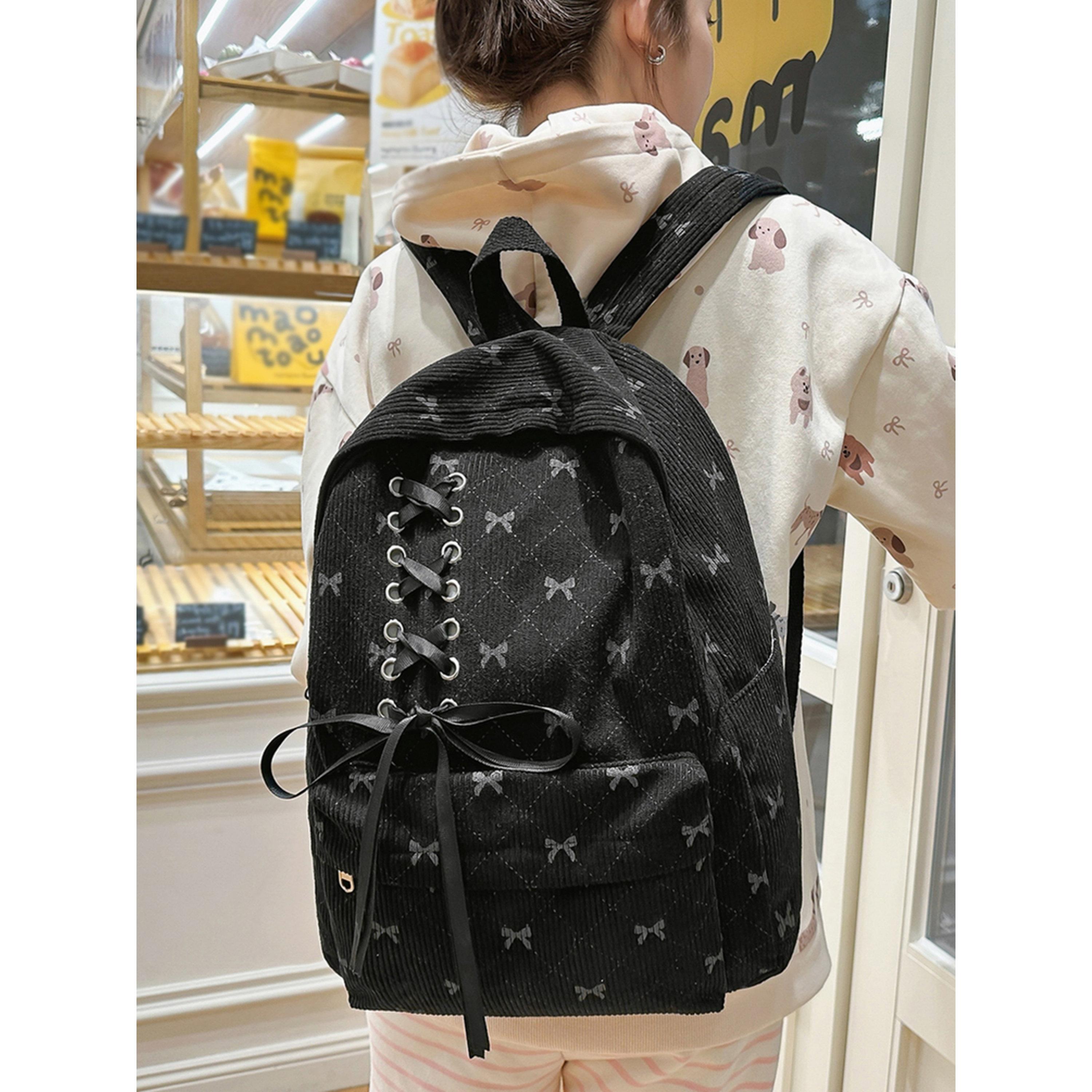 Take Two Black Corduroy Bow Detail Backpack-women-bagsandwallets-backpacks-image-5