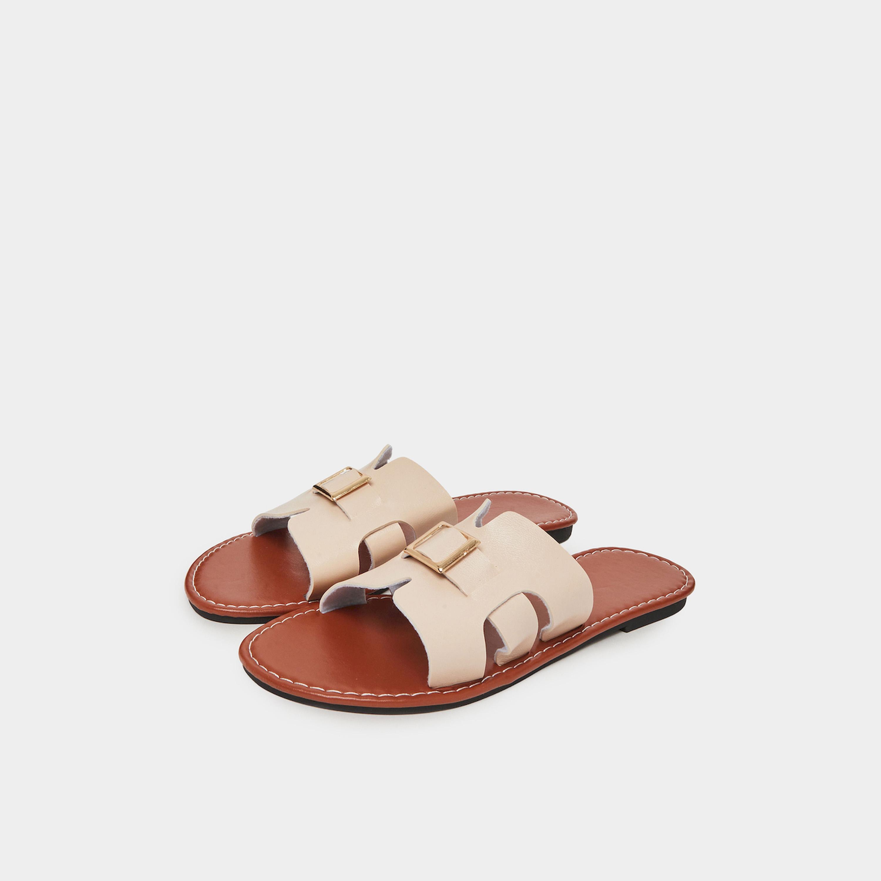Take Two Beige Slip-On Flat Sandals with Buckle Detail-women-shoes-sandals-flats-image-1