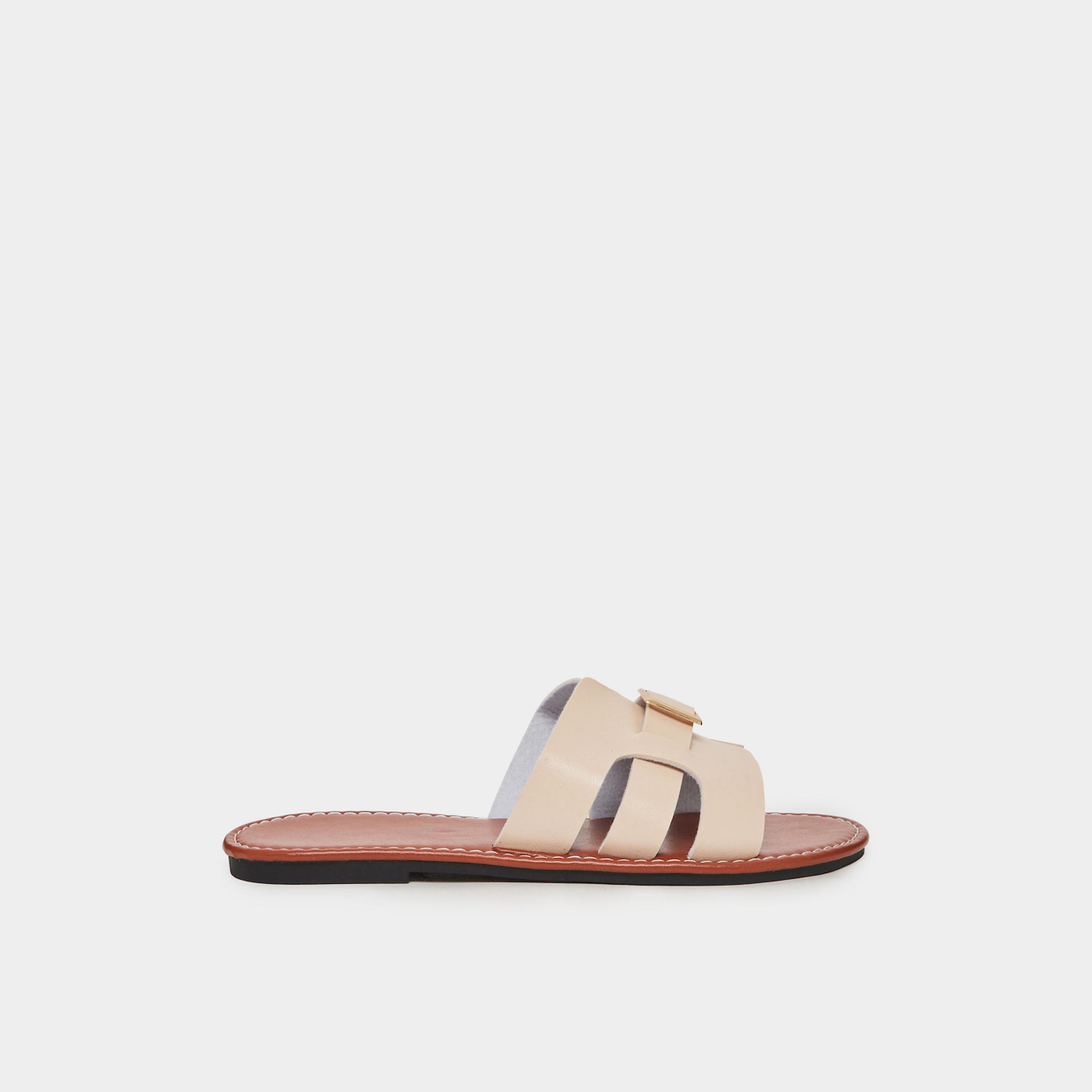 Take Two Beige Slip-On Flat Sandals with Buckle Detail-women-shoes-sandals-flats-image-2