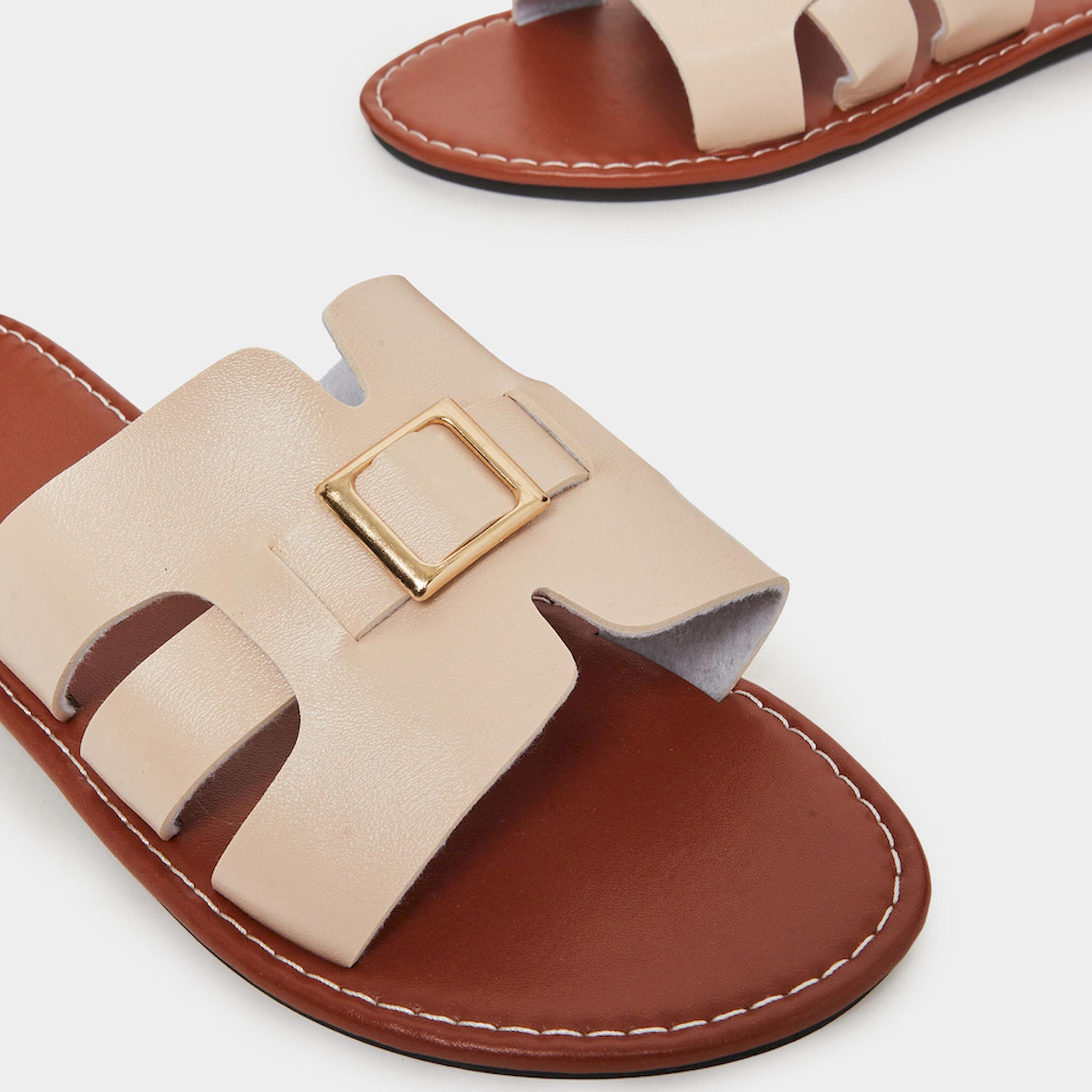 Take Two Beige Slip-On Flat Sandals with Buckle Detail-women-shoes-sandals-flats-image-3