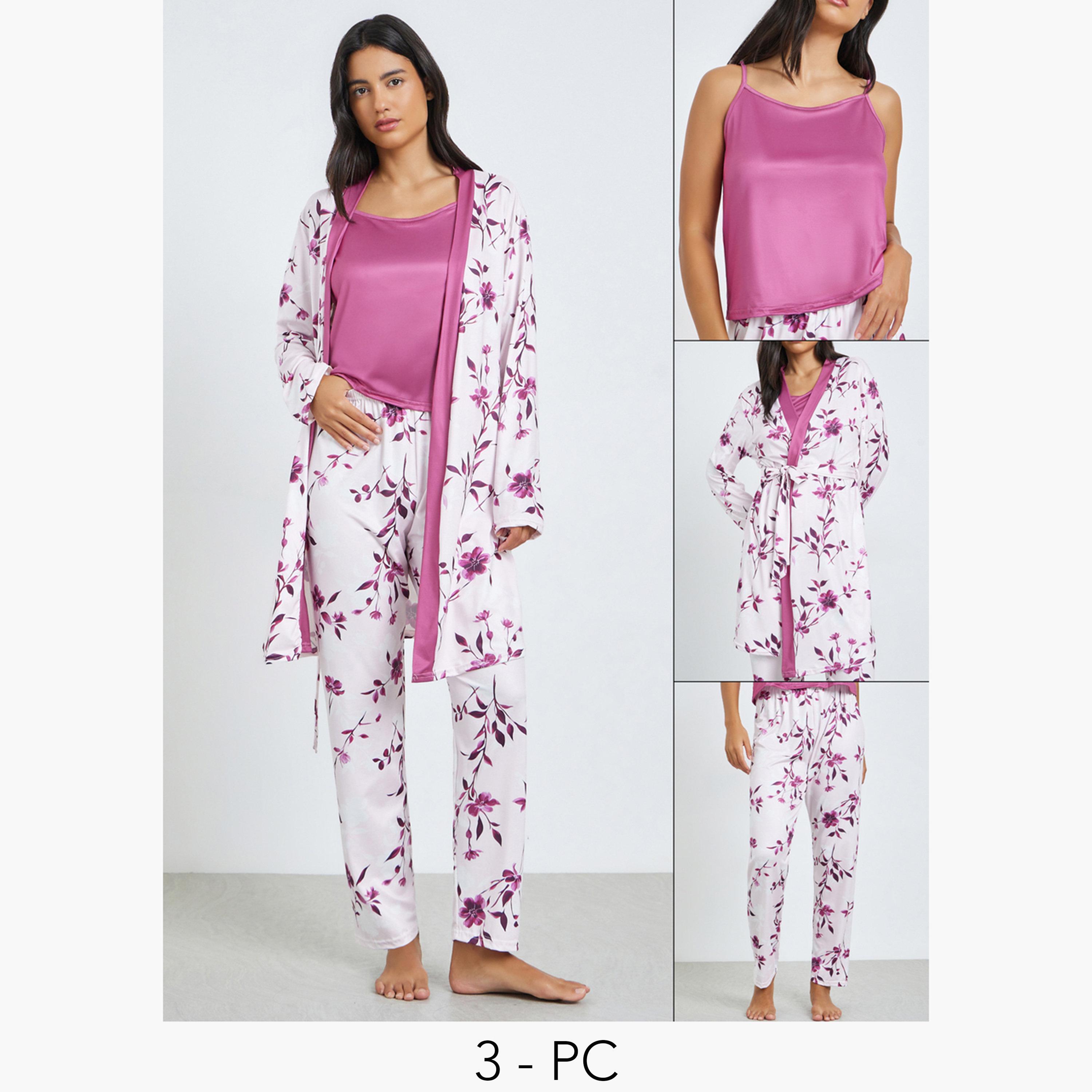 Styli Pack of 3 - Solid Cami, Floral Robe and Pyjama Set-women-clothing-nightwear-pyjamas-longsets-image-1