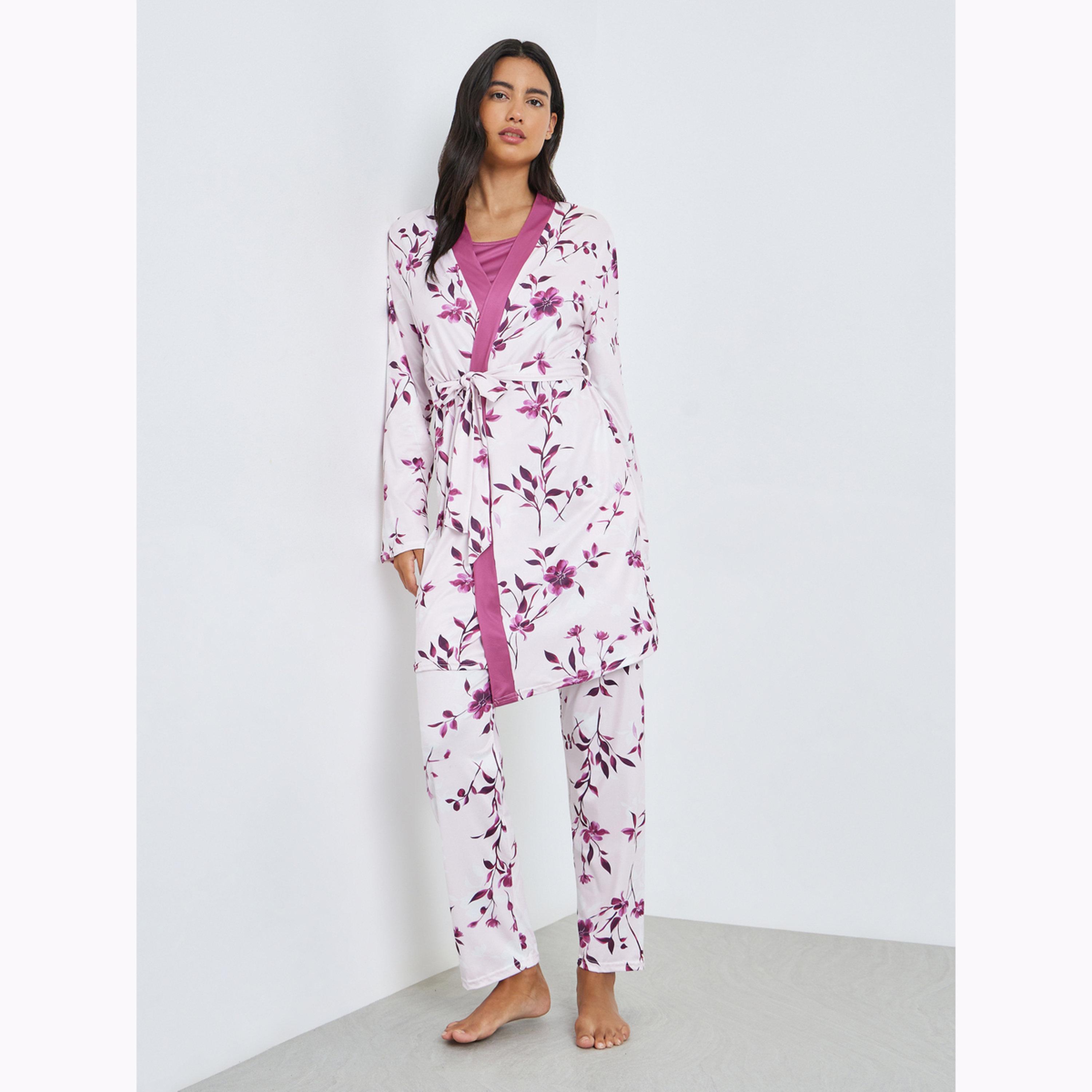 Styli Pack of 3 - Solid Cami, Floral Robe and Pyjama Set-women-clothing-nightwear-pyjamas-longsets-image-2