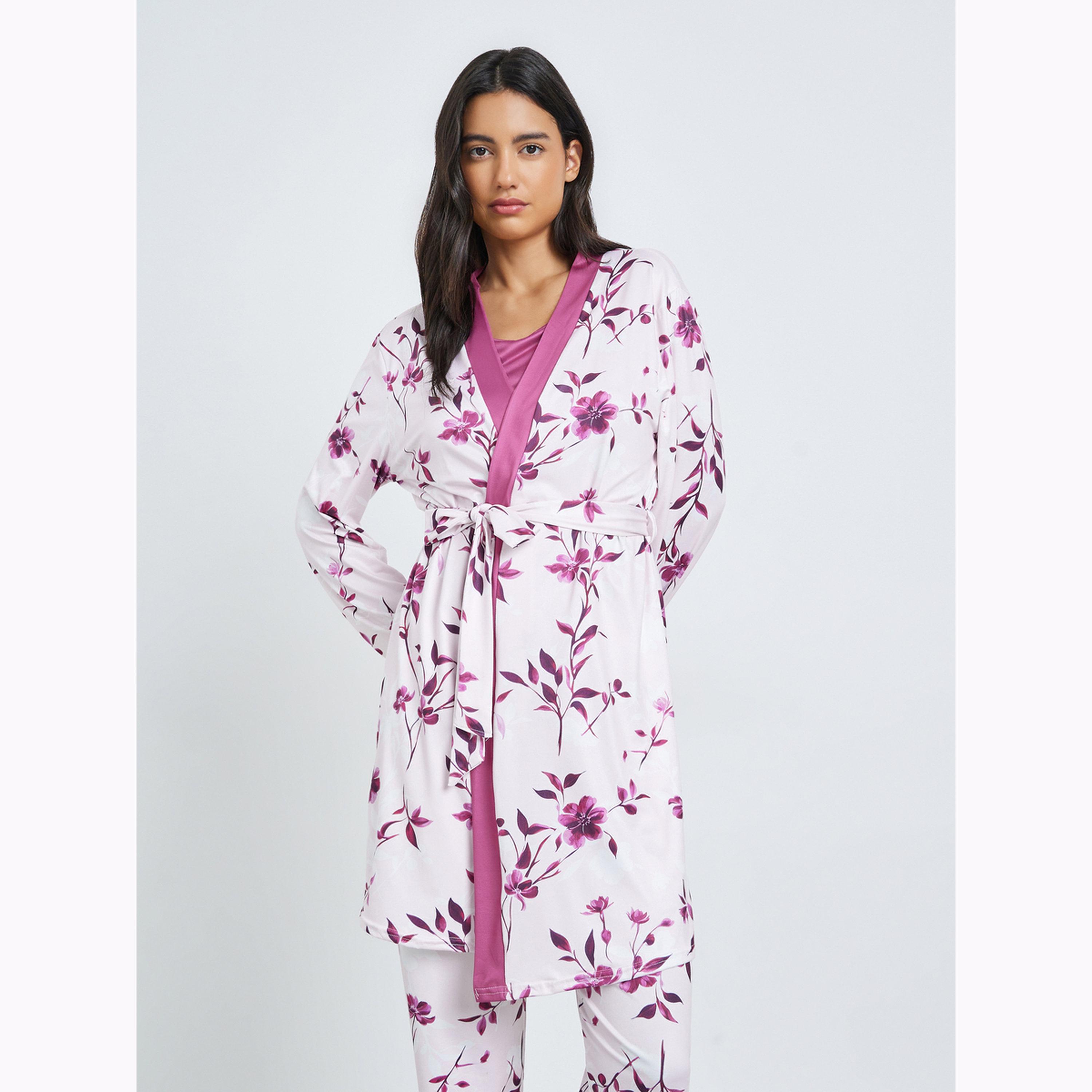 Styli Pack of 3 - Solid Cami, Floral Robe and Pyjama Set-women-clothing-nightwear-pyjamas-longsets-image-3