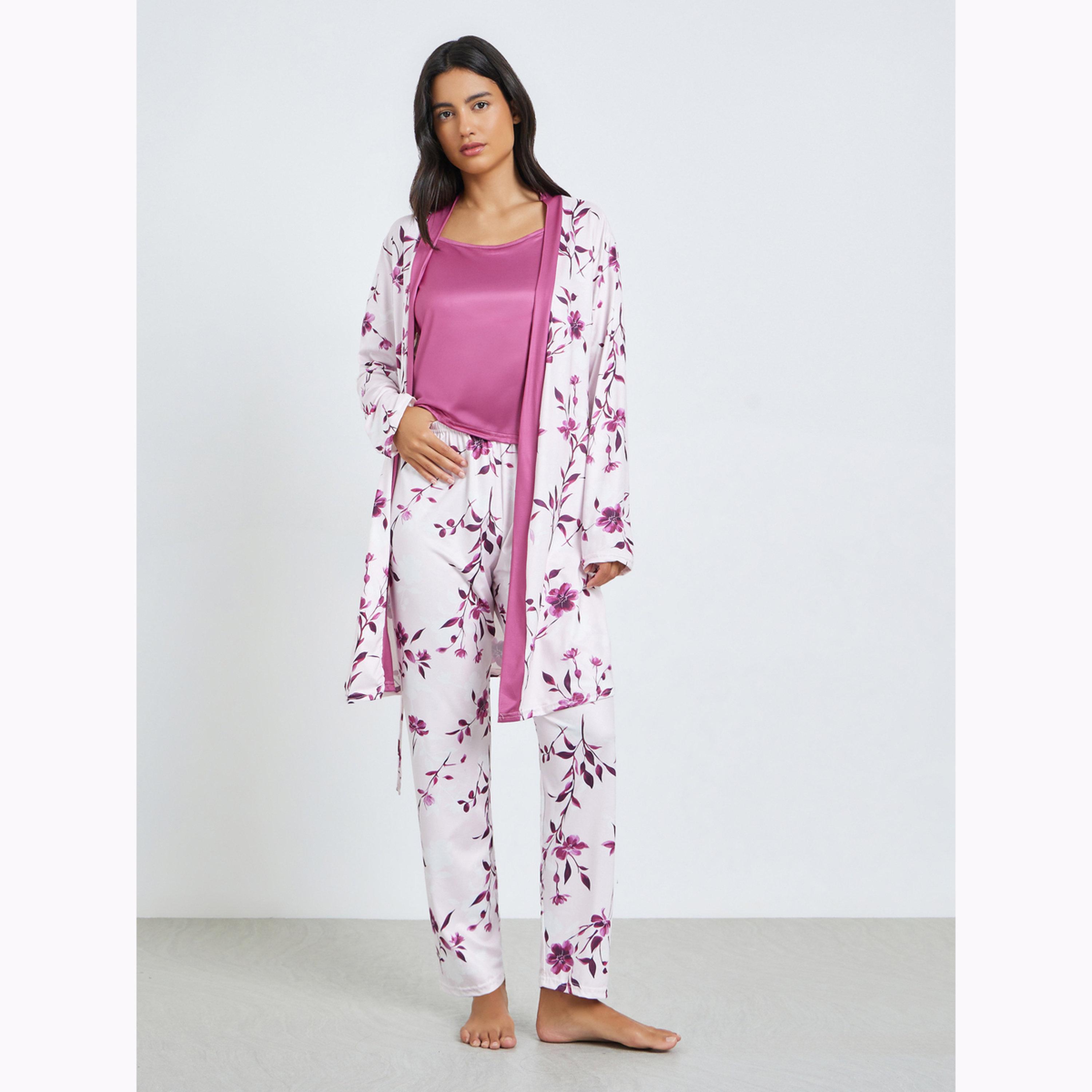 Styli Pack of 3 - Solid Cami, Floral Robe and Pyjama Set-women-clothing-nightwear-pyjamas-longsets-image-4
