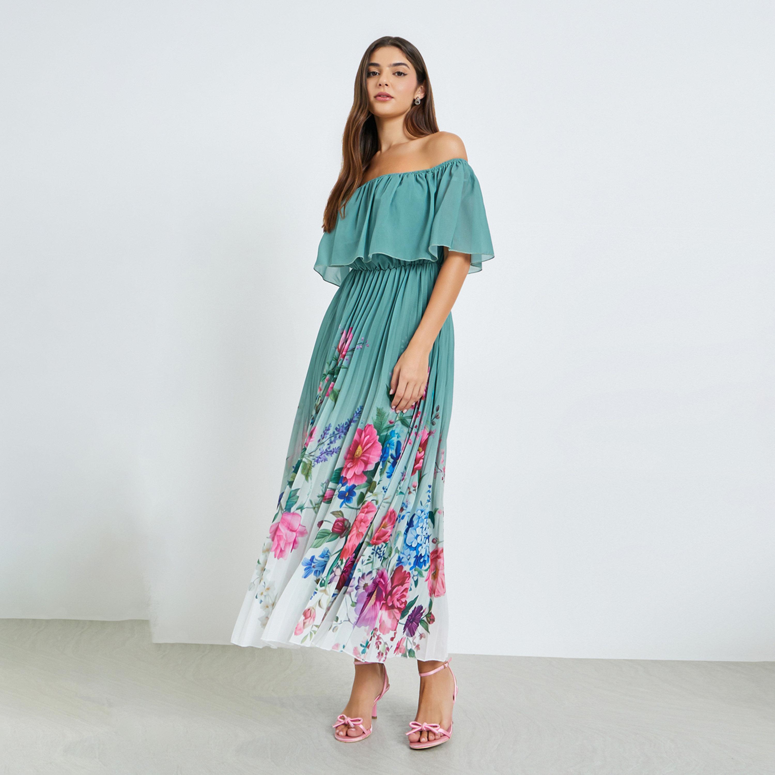 فستان طويل بأكتاف مكشوفة وطبعة زهور-women-clothing-dresses-image-1