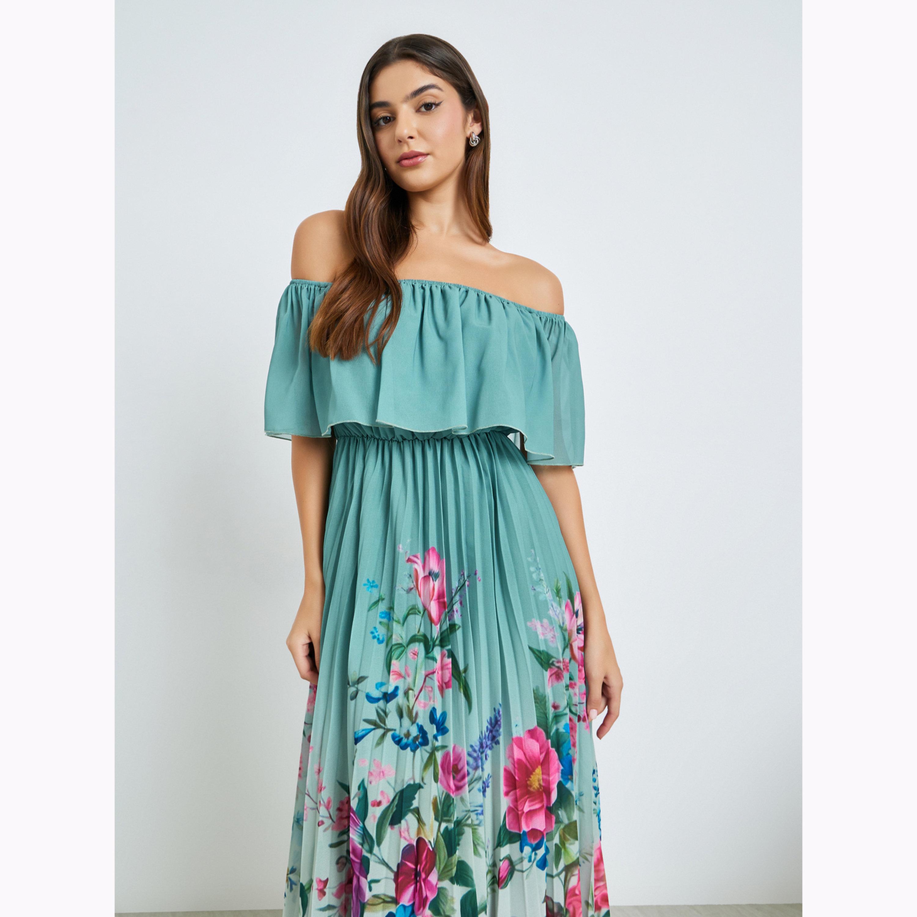 فستان طويل بأكتاف مكشوفة وطبعة زهور-women-clothing-dresses-image-2