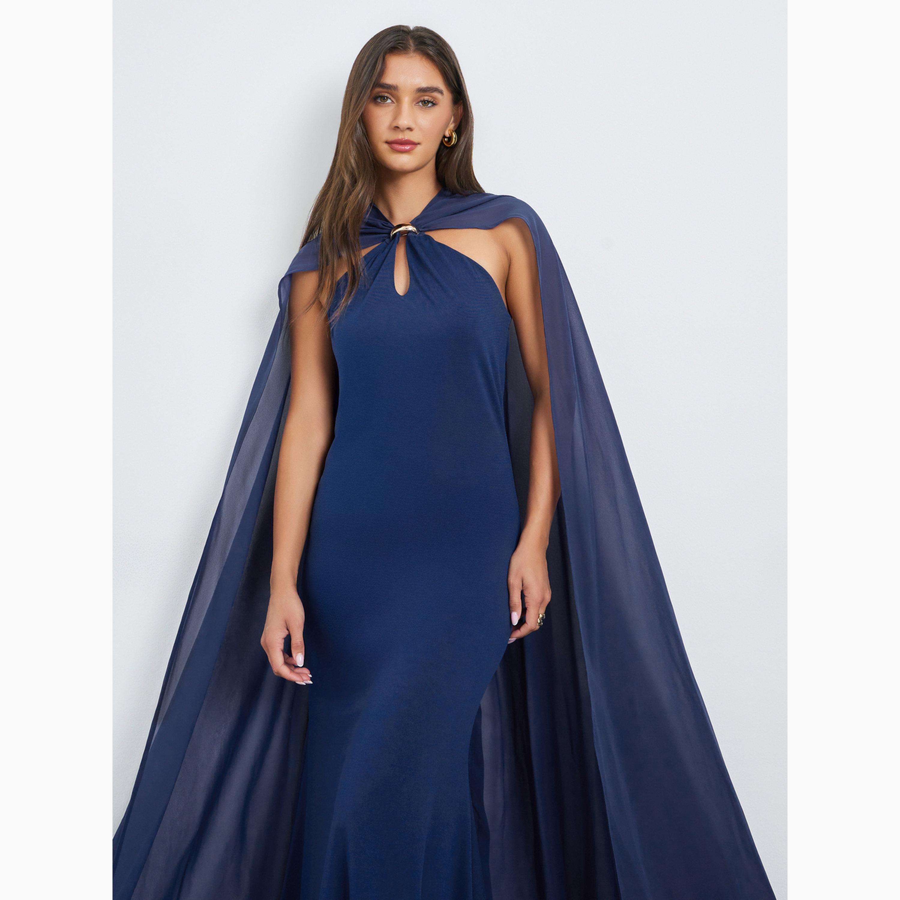 Styli Navy Blue Soft Drape Cape Maxi Dress-women-clothing-dresses-image-2