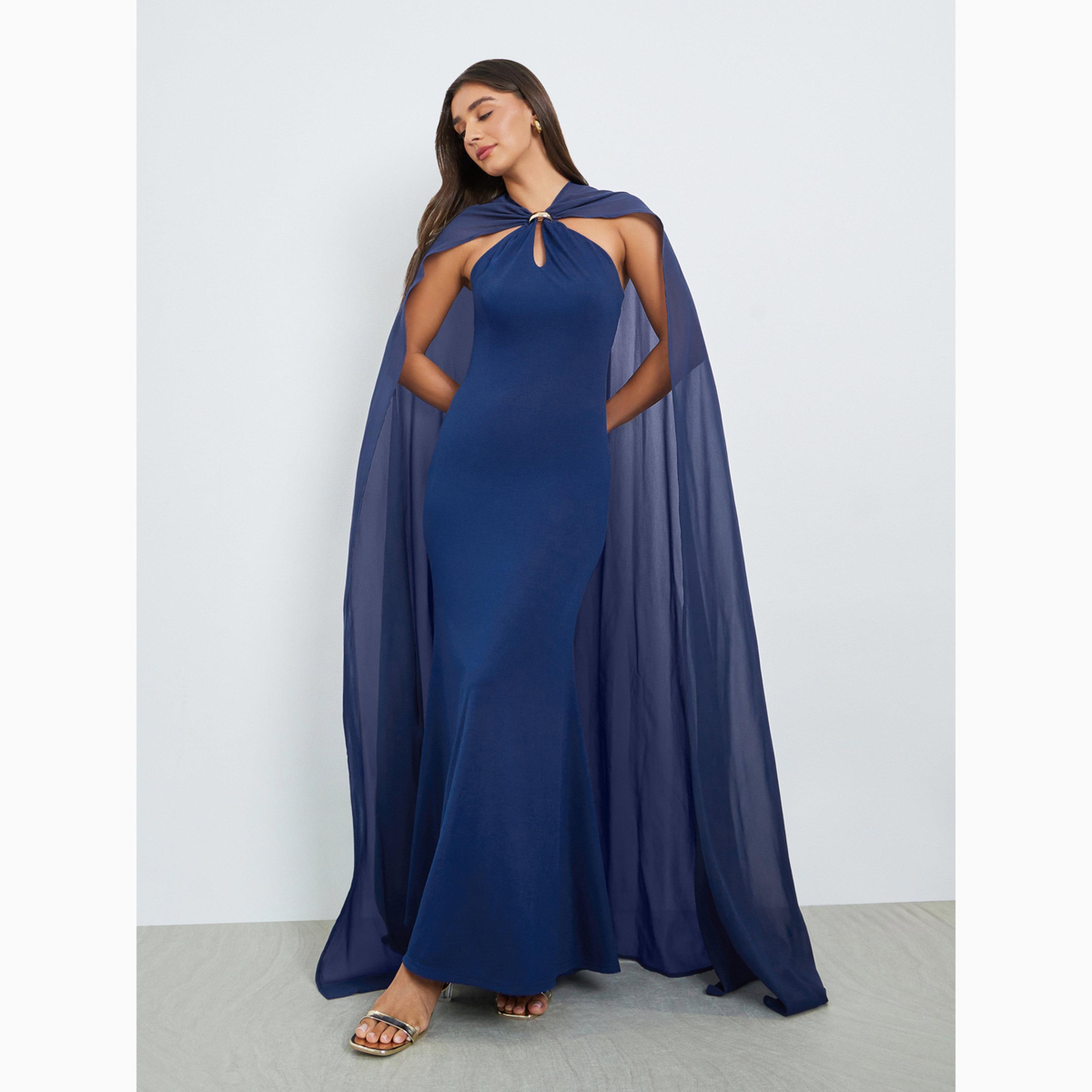 Styli Navy Blue Soft Drape Cape Maxi Dress-women-clothing-dresses-image-3