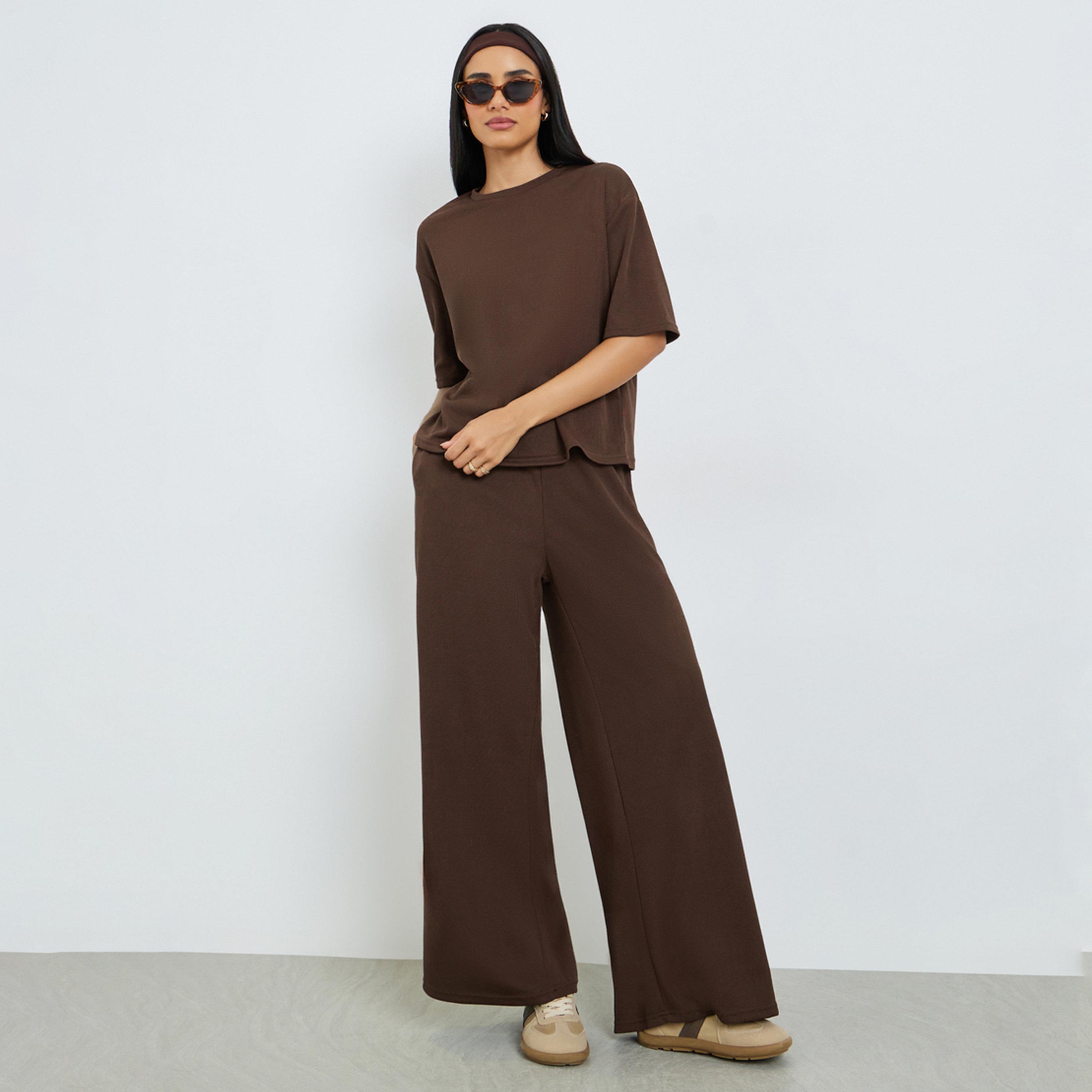 Styli Brown Ribbed T-Shirt and Wide Leg Joggers Co-Ords-women-clothing-coordsets-image-1