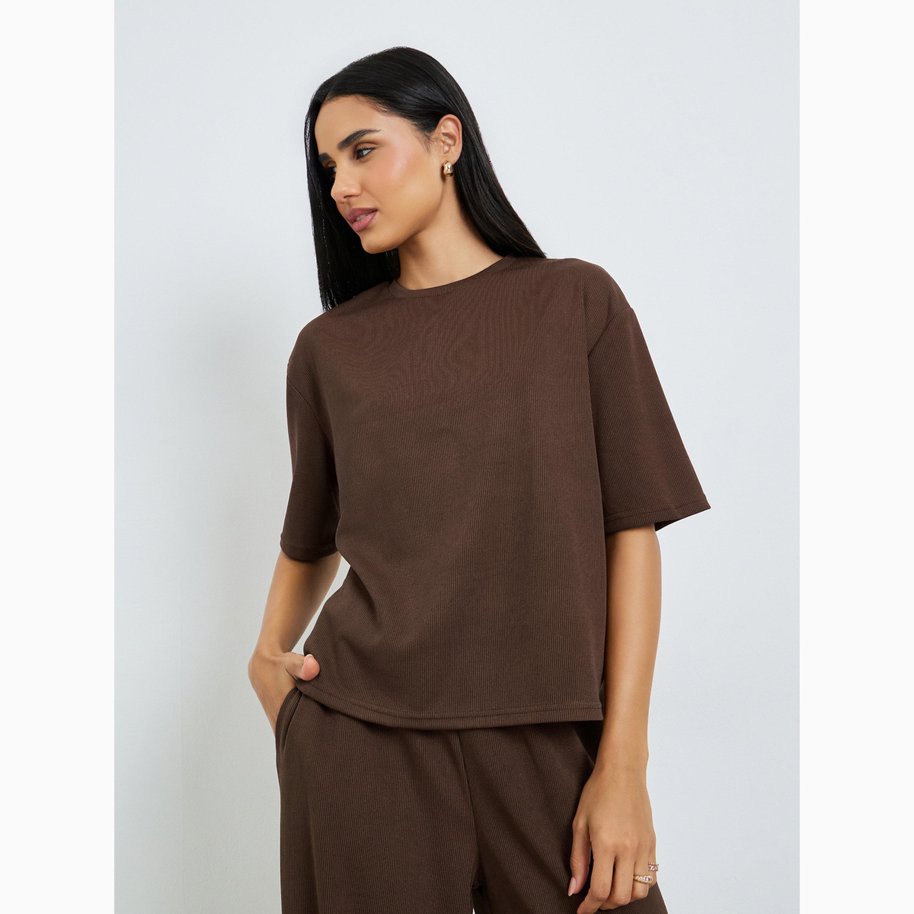 Styli Brown Ribbed T-Shirt and Wide Leg Joggers Co-Ords-women-clothing-coordsets-image-3