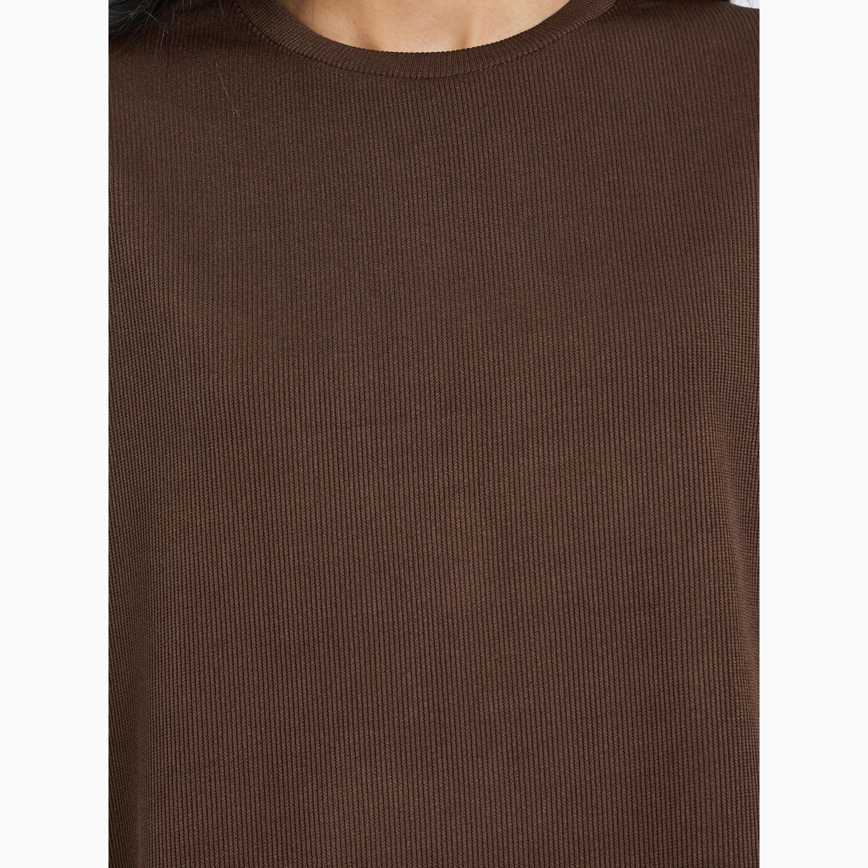 Styli Brown Ribbed T-Shirt and Wide Leg Joggers Co-Ords-women-clothing-coordsets-image-4