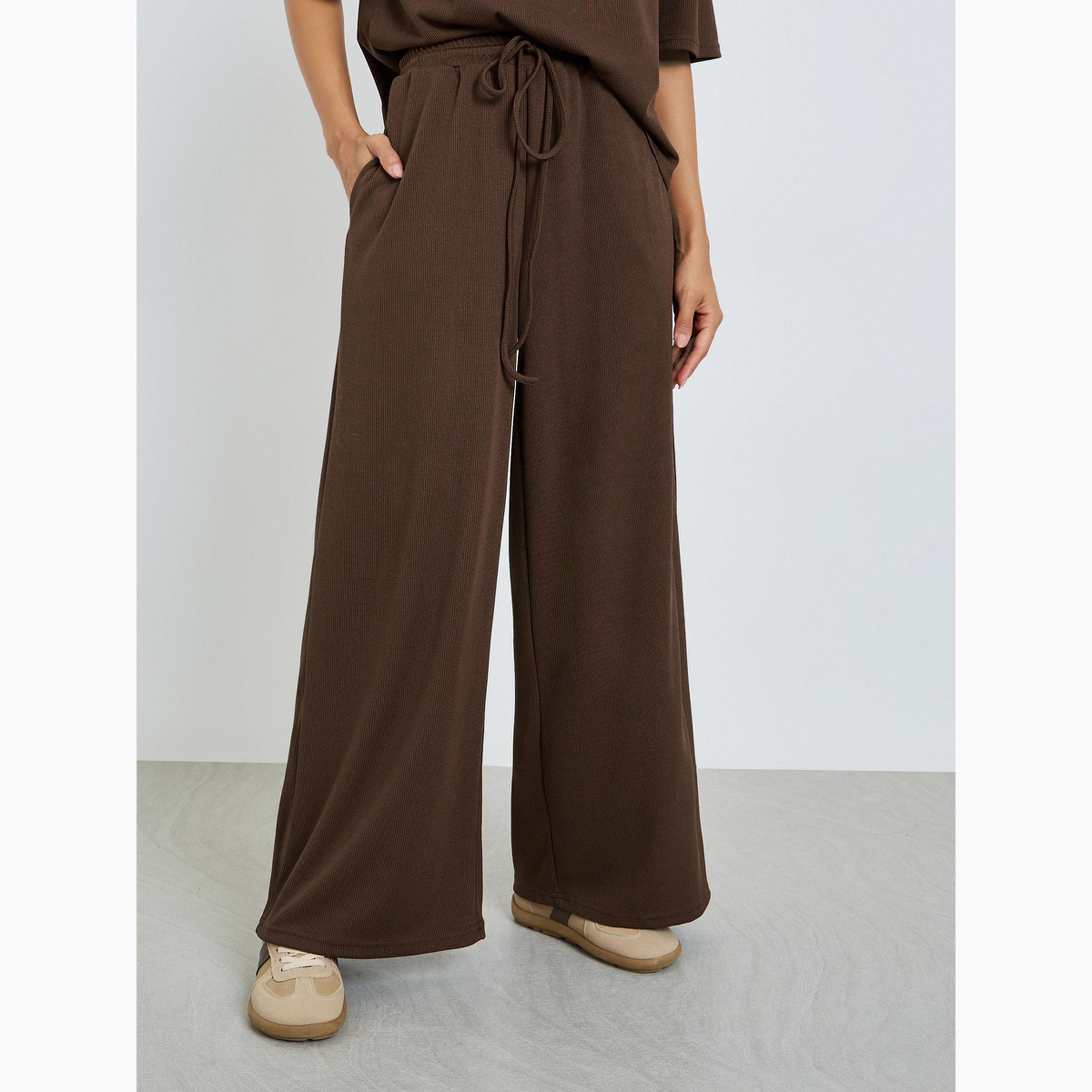 Styli Brown Ribbed T-Shirt and Wide Leg Joggers Co-Ords-women-clothing-coordsets-image-5