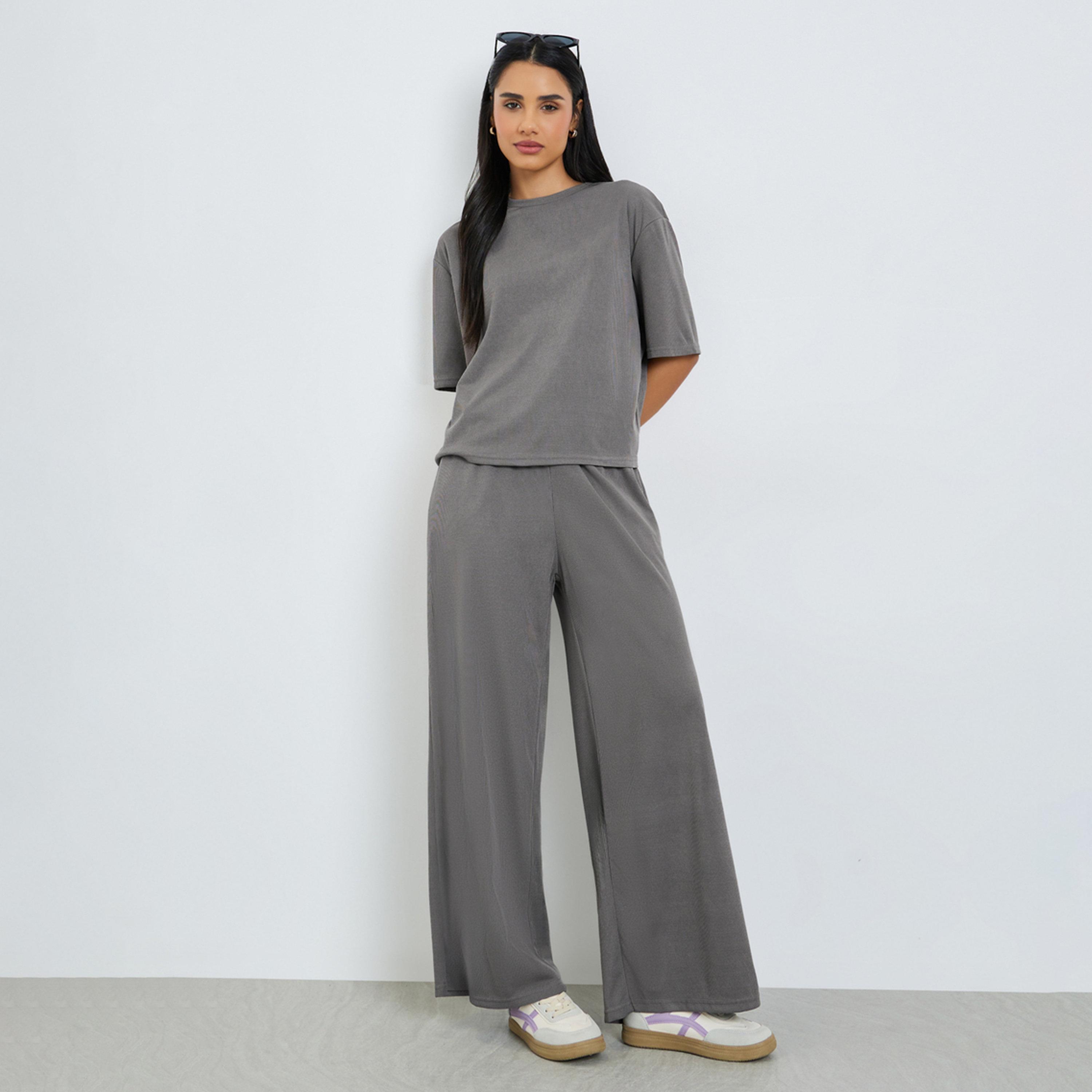 Styli Charcoal Ribbed T-Shirt and Wide Leg Joggers Co-Ords-women-clothing-coordsets-image-1