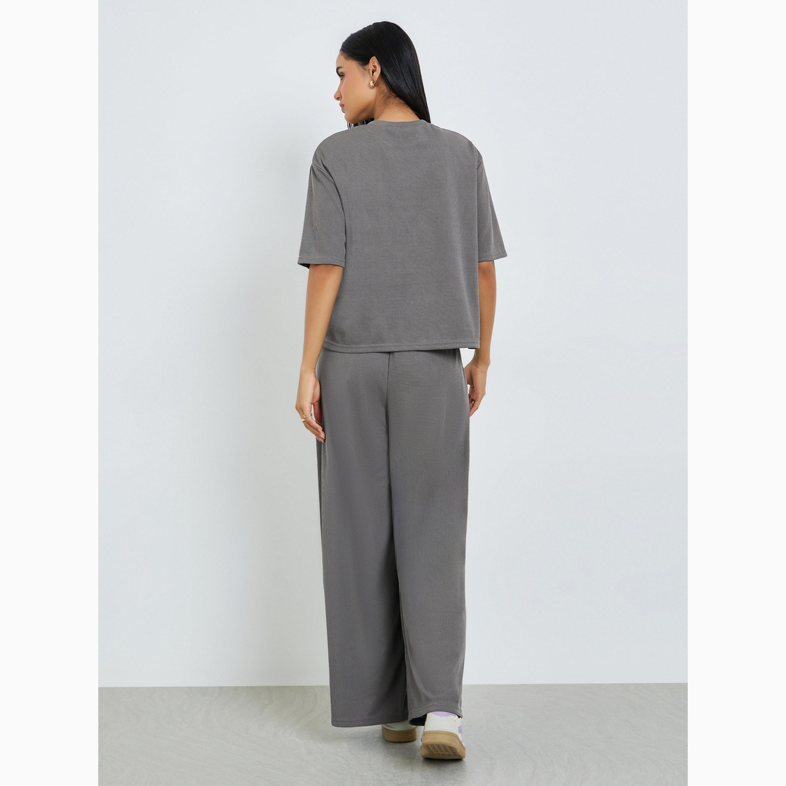 Styli Charcoal Ribbed T-Shirt and Wide Leg Joggers Co-Ords-women-clothing-coordsets-image-5
