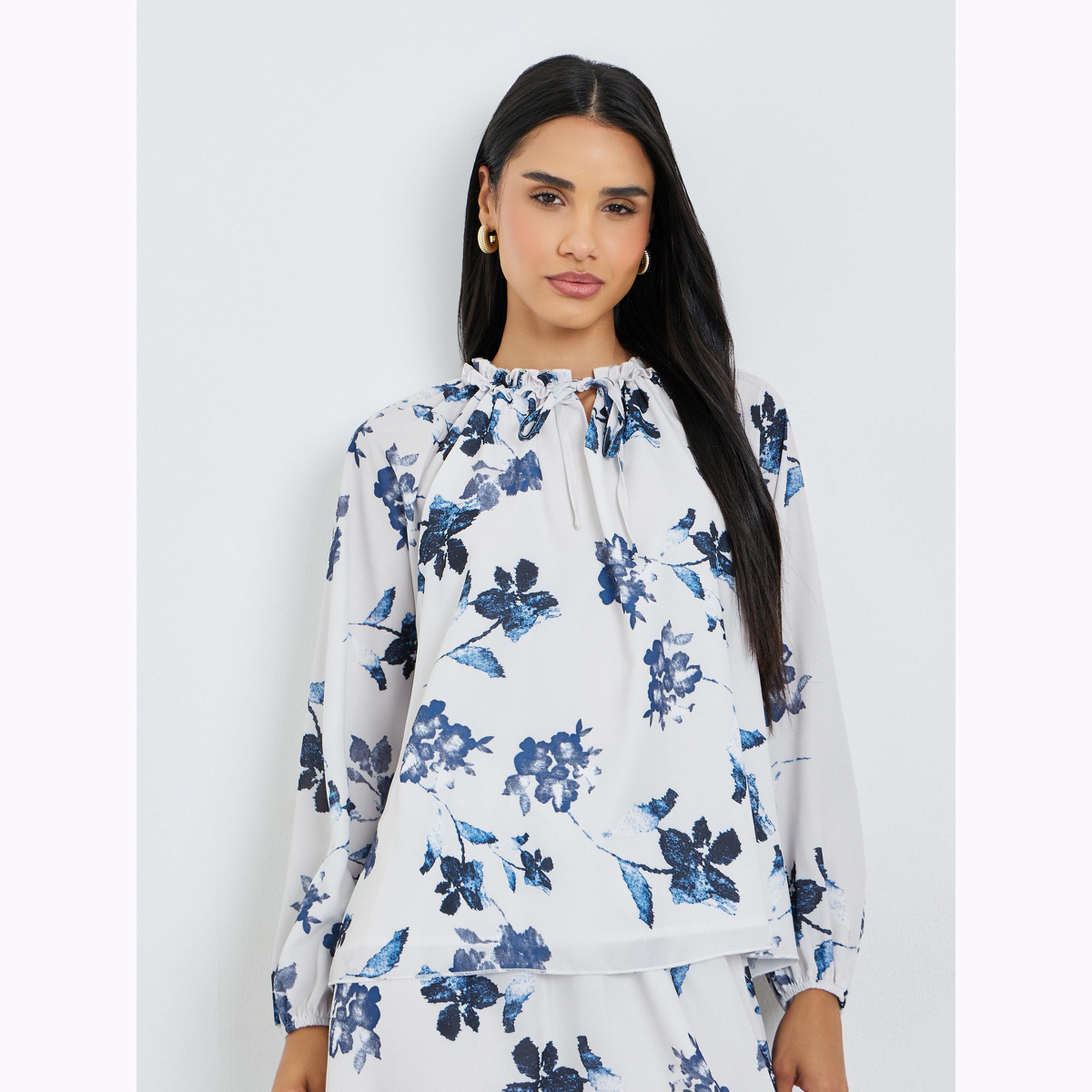 طقم منسق من تنورة طويلة وبلوزة بطبعة زهور-women-clothing-coordsets-image-2