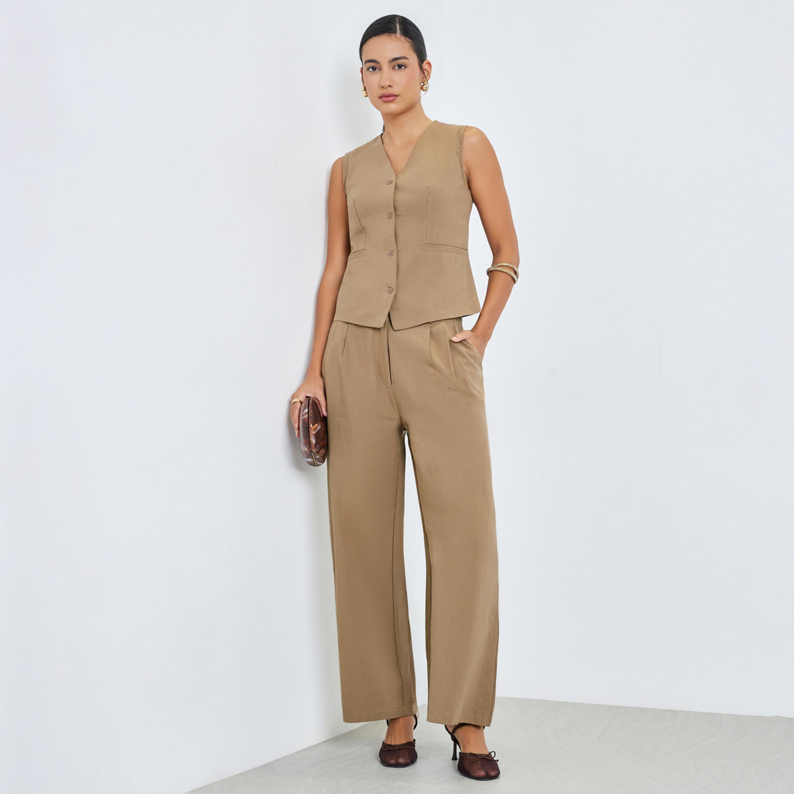 Styli Brown Sleeveless Waistcoat and Pants Co-Ords-women-clothing-coordsets-image-1