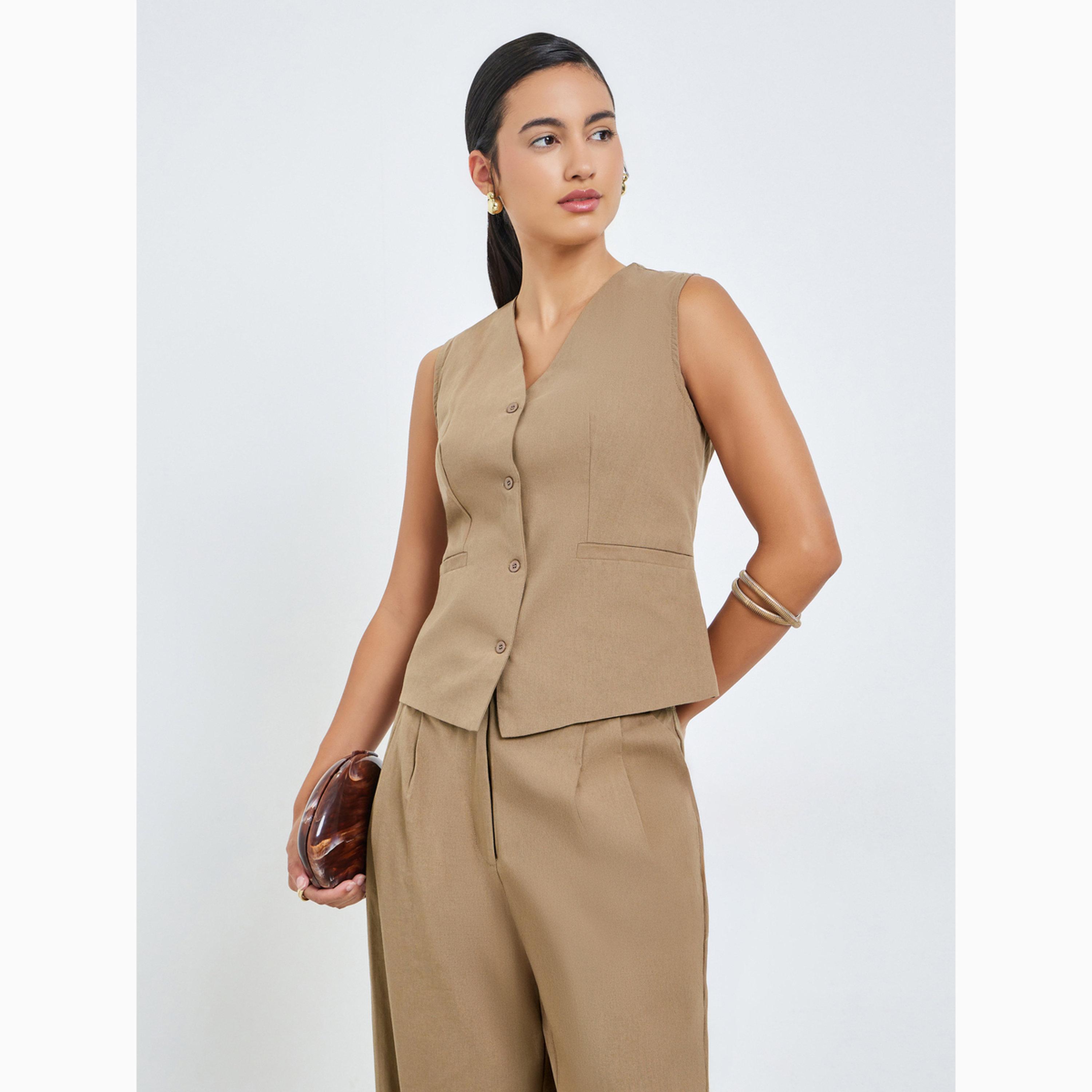 Styli Brown Sleeveless Waistcoat and Pants Co-Ords-women-clothing-coordsets-image-2