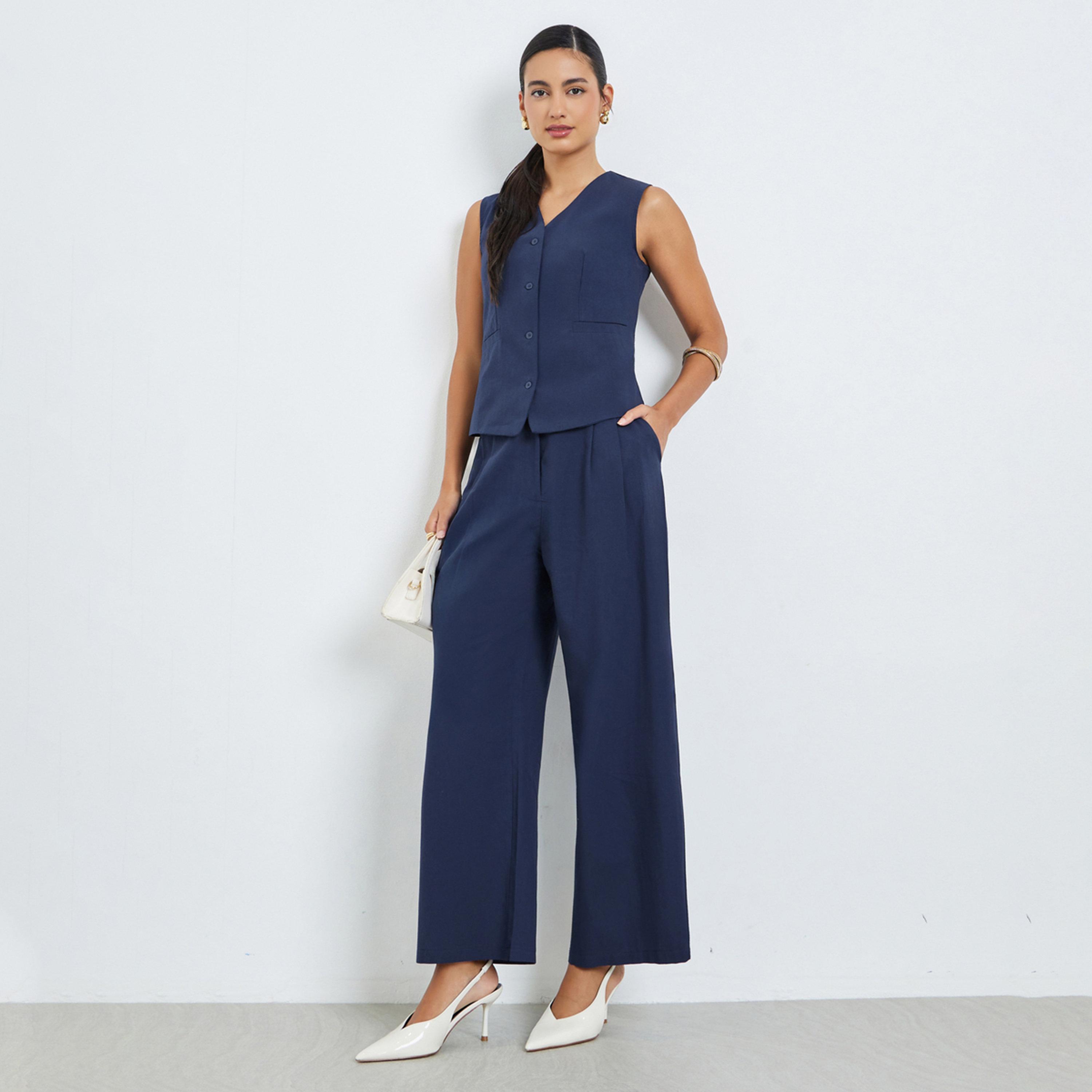 Styli Navy Blue Sleeveless Waistcoat and Pants Co-Ords-women-clothing-coordsets-image-1