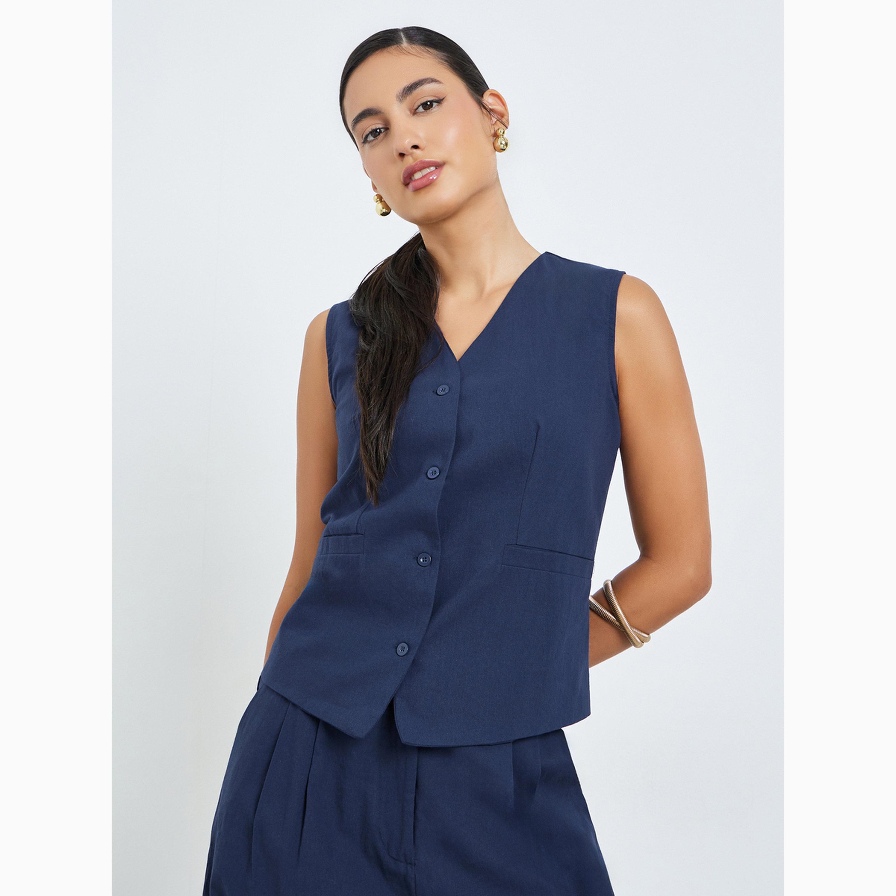 Styli Navy Blue Sleeveless Waistcoat and Pants Co-Ords-women-clothing-coordsets-image-2