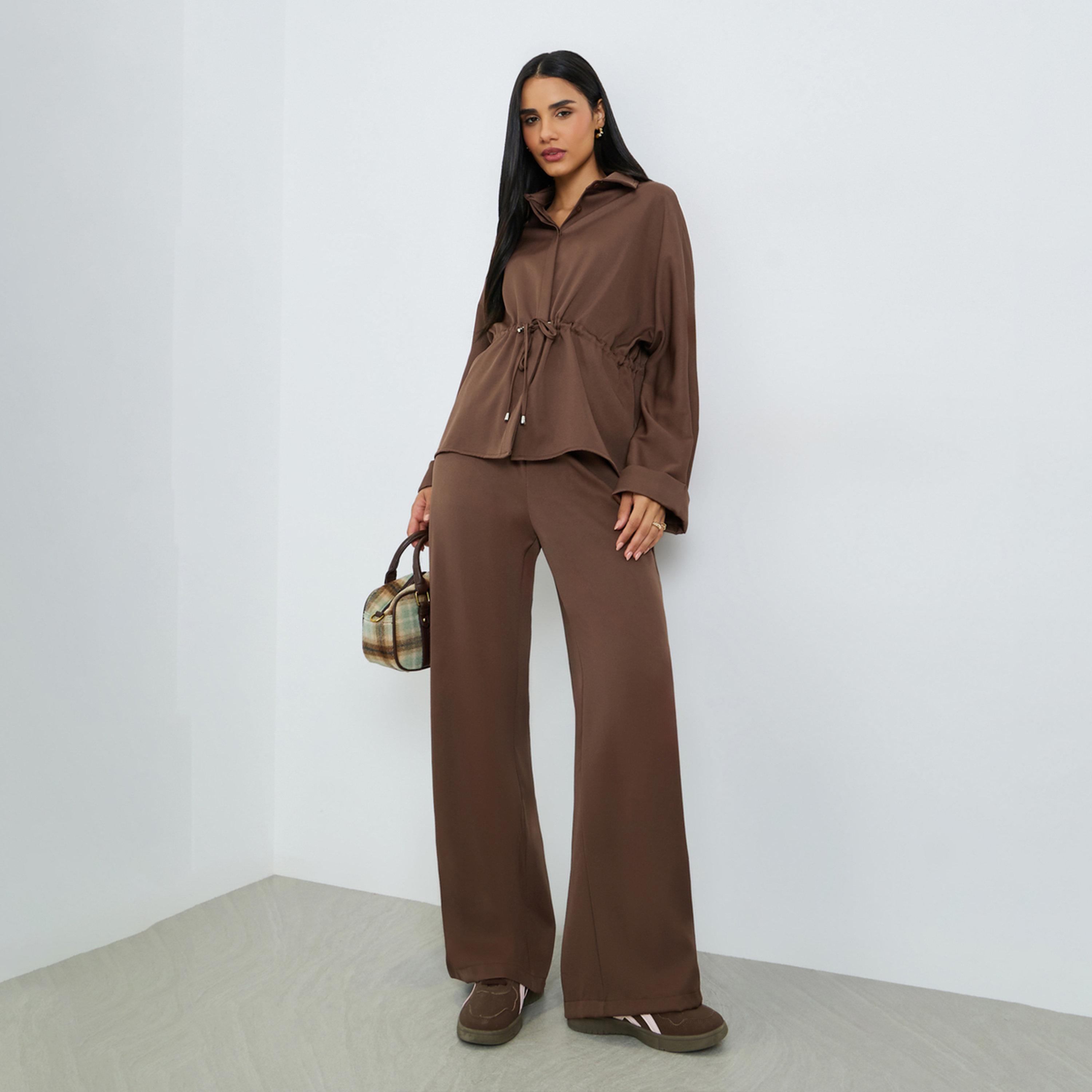 Styli Brown Relaxed Fit Utility Shirt and Pants Co-Ords-women-clothing-coordsets-image-1