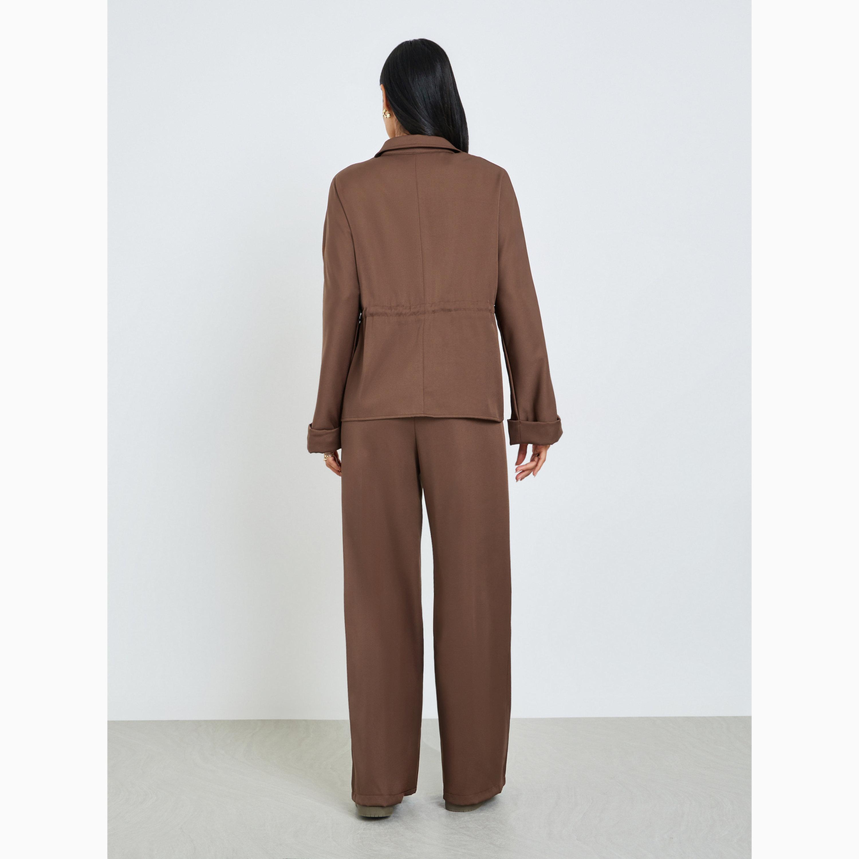 طقم منسق من بنطال وبلوزة عملية بقصة مريحة بني-women-clothing-coordsets-image-6