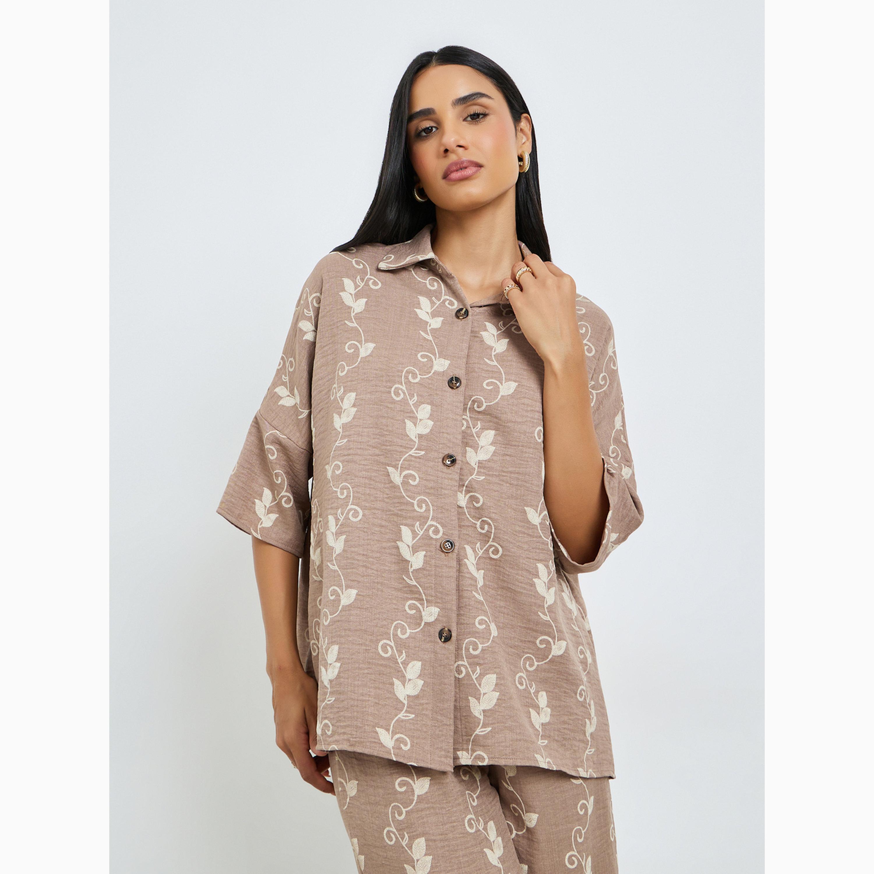 ستايلي - طقم قميص وبنطال بيج بنقشة زهور-women-clothing-coordsets-image-3